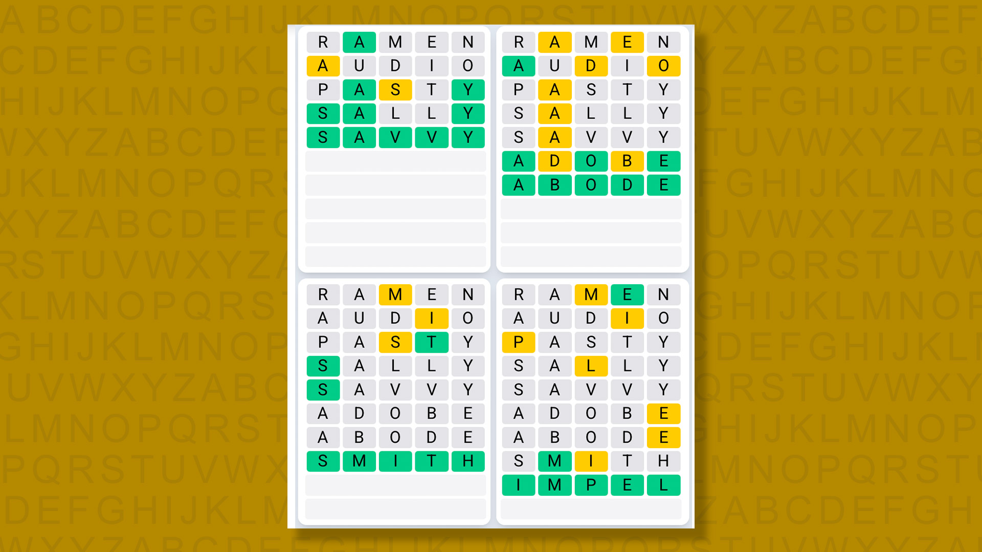 Quordle Daily Sequence answers for the game 1592 on yellow background