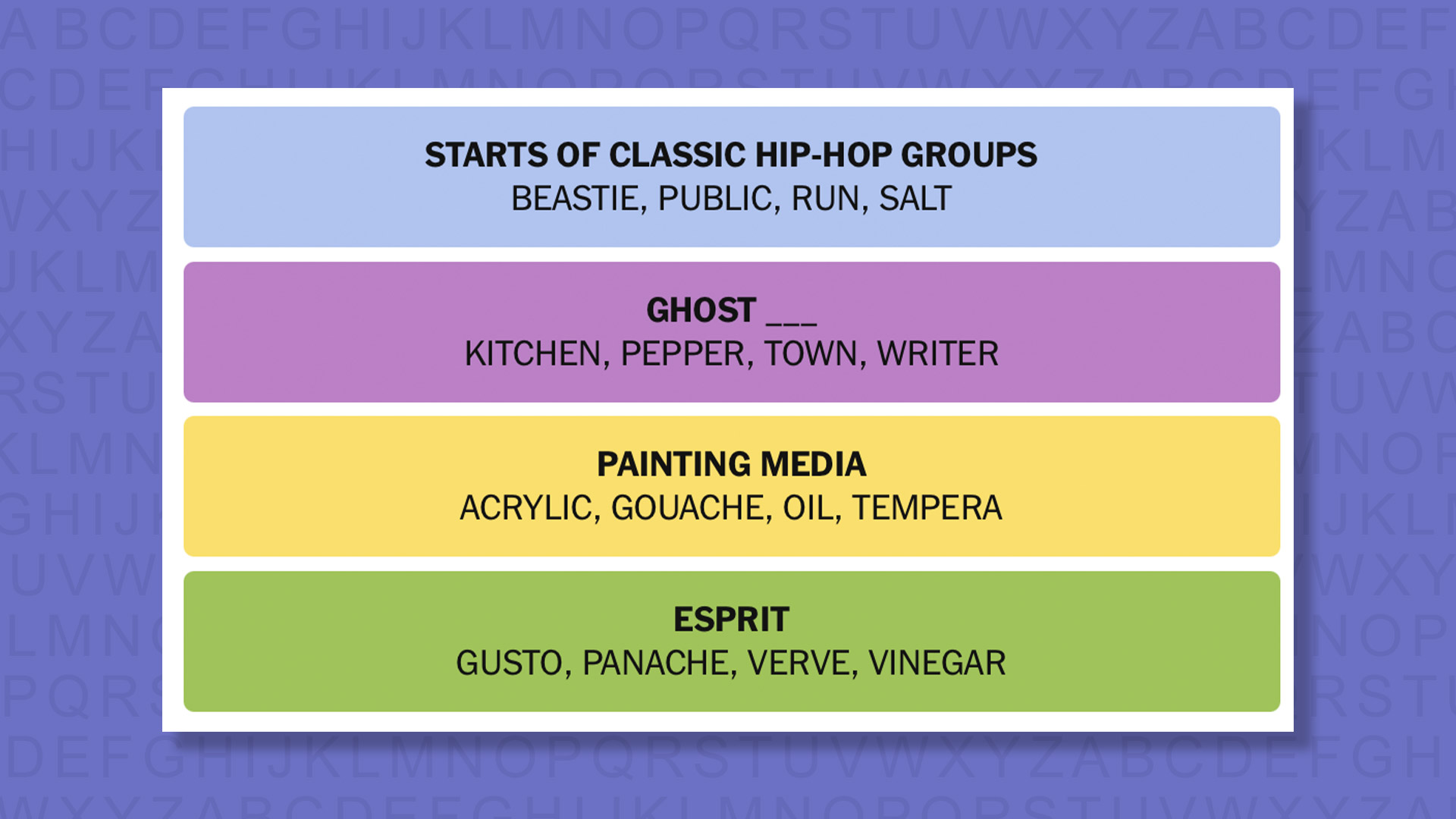 NYT Connections answers for game 1089 on purple background