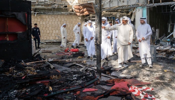 This photo provided by the Kuwaiti News Agency (KUNA) on June 3, 2026 shows Kuwaiti Prime Minister Sheikh Ahmad al-Abdullah al-Sabah (2 R) inspecting the damaged airport after an Iranian attack, in Kuwait City. Kuwait. -AFP