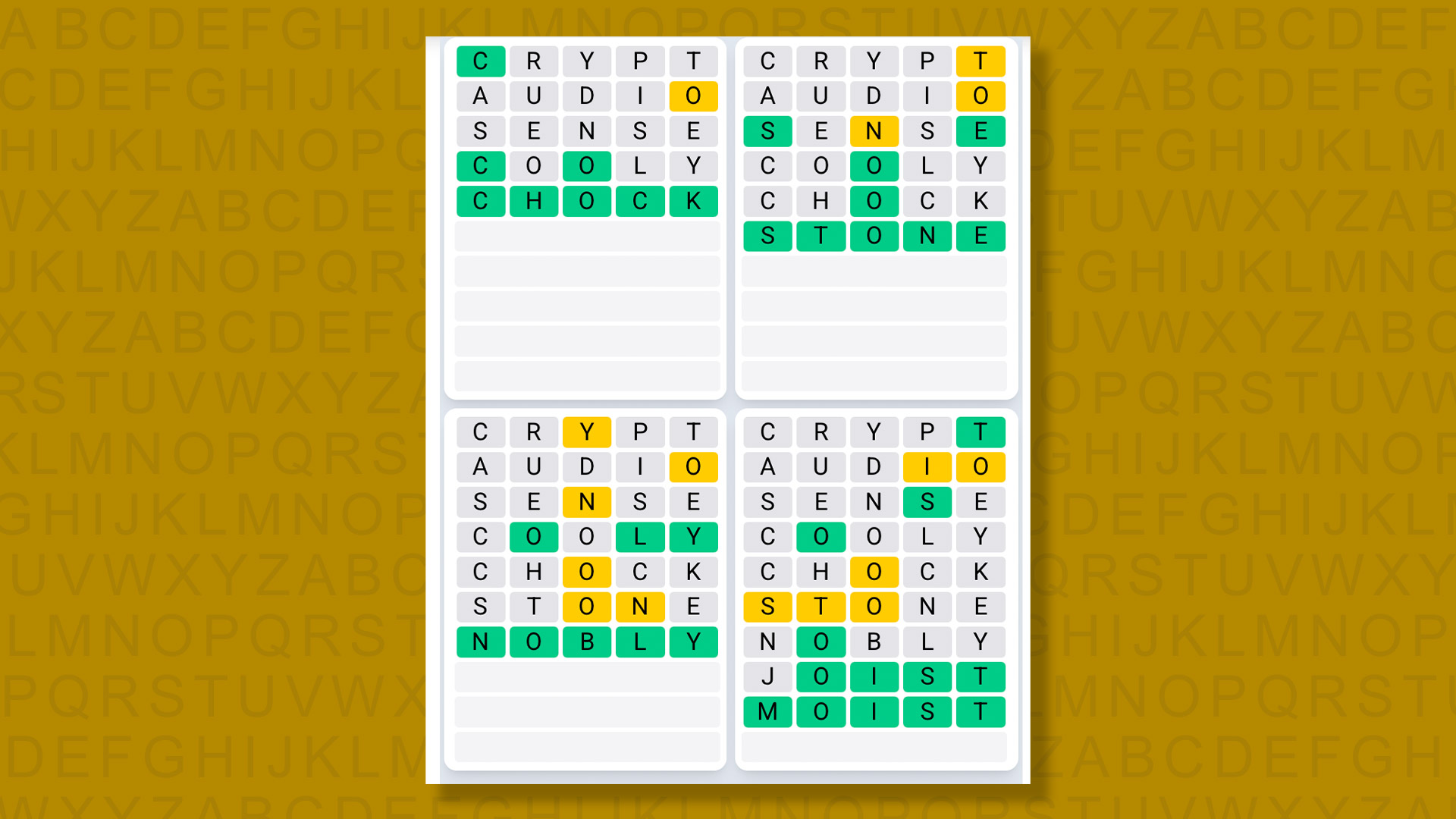 Quordle Daily Sequence answers for the game 1593 on yellow background