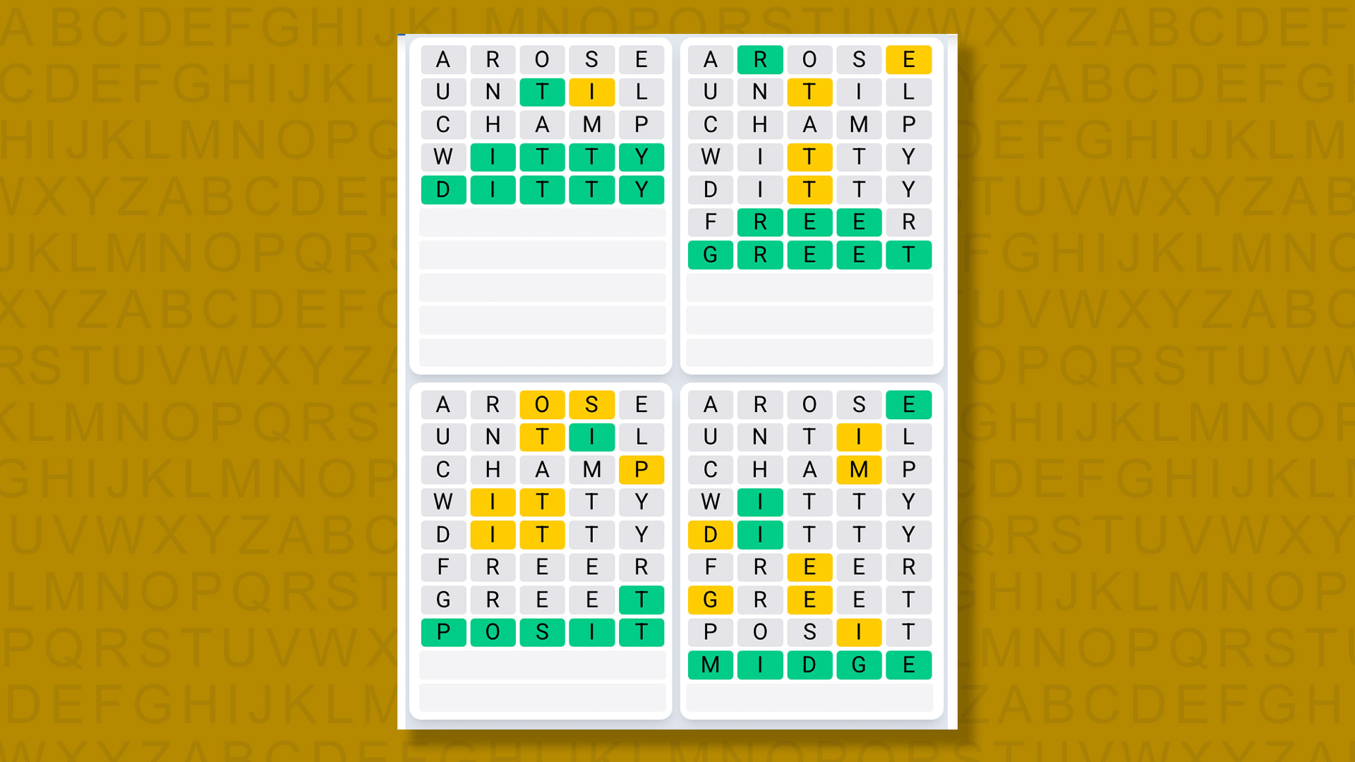 Quordle Daily Sequence answers for the game 1594 on yellow background