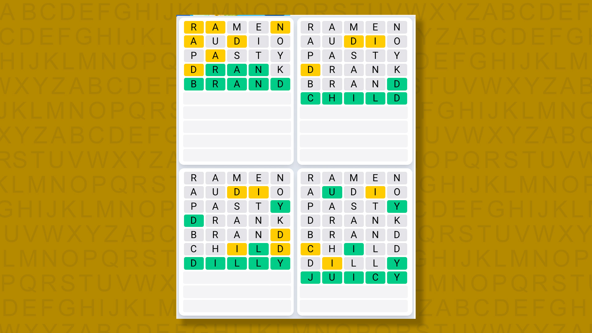 Quordle Daily Sequence answers for the game 1595 on yellow background