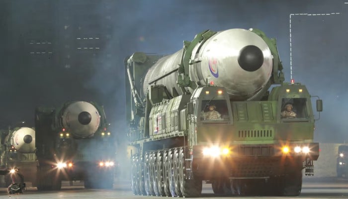 Hwasong-17 intercontinental ballistic missiles take part in a nighttime military parade to mark the 90th anniversary of the founding of the Korean People's Revolutionary Army in Pyongyang, North Korea, in this undated photo released by the North's Korean Central News Agency (KCNA) on April 26, 2022. — Reuters
