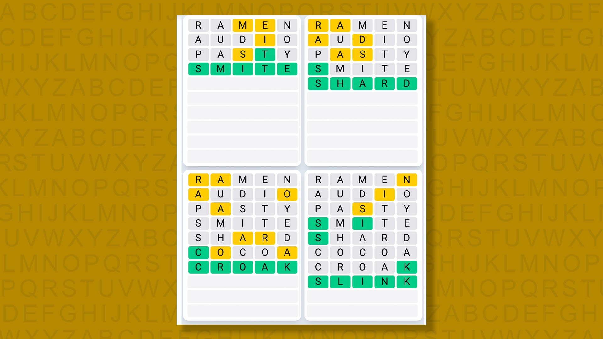 Quordle Daily Sequence answers for the game 1596 on yellow background