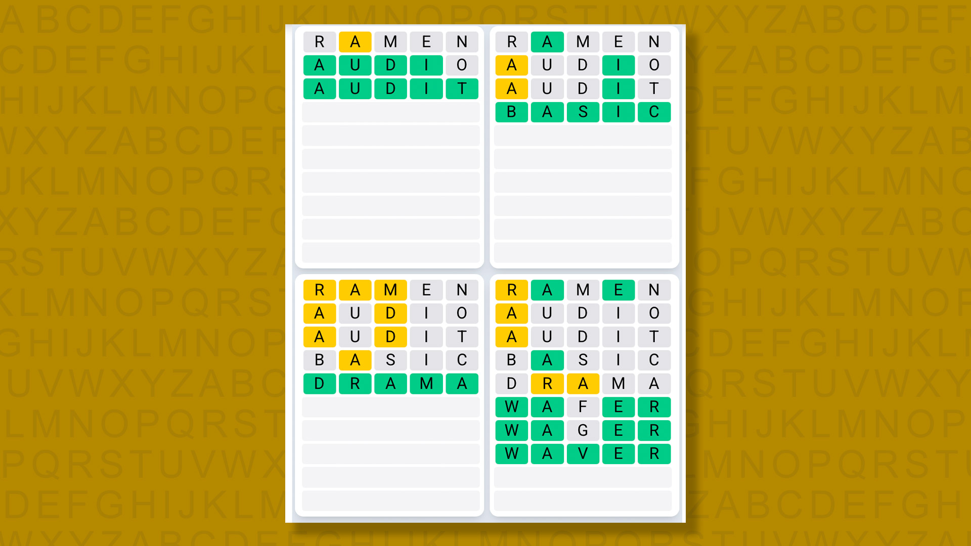 Quordle Daily Sequence answers for the game 1597 on yellow background