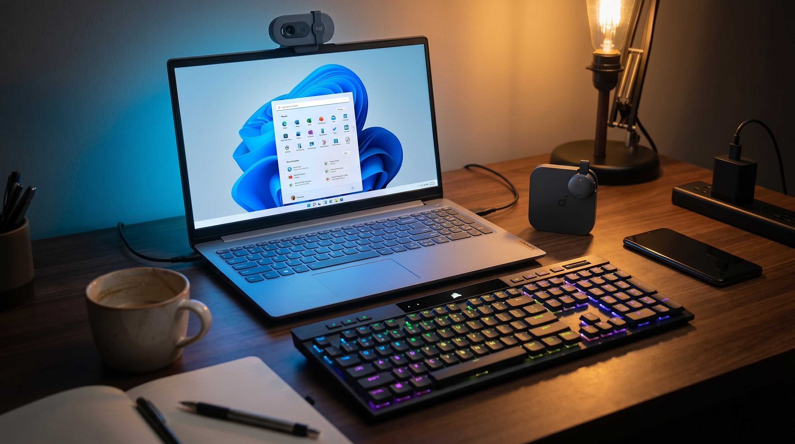 A laptop, keyboard and webcam on a desk in a home office