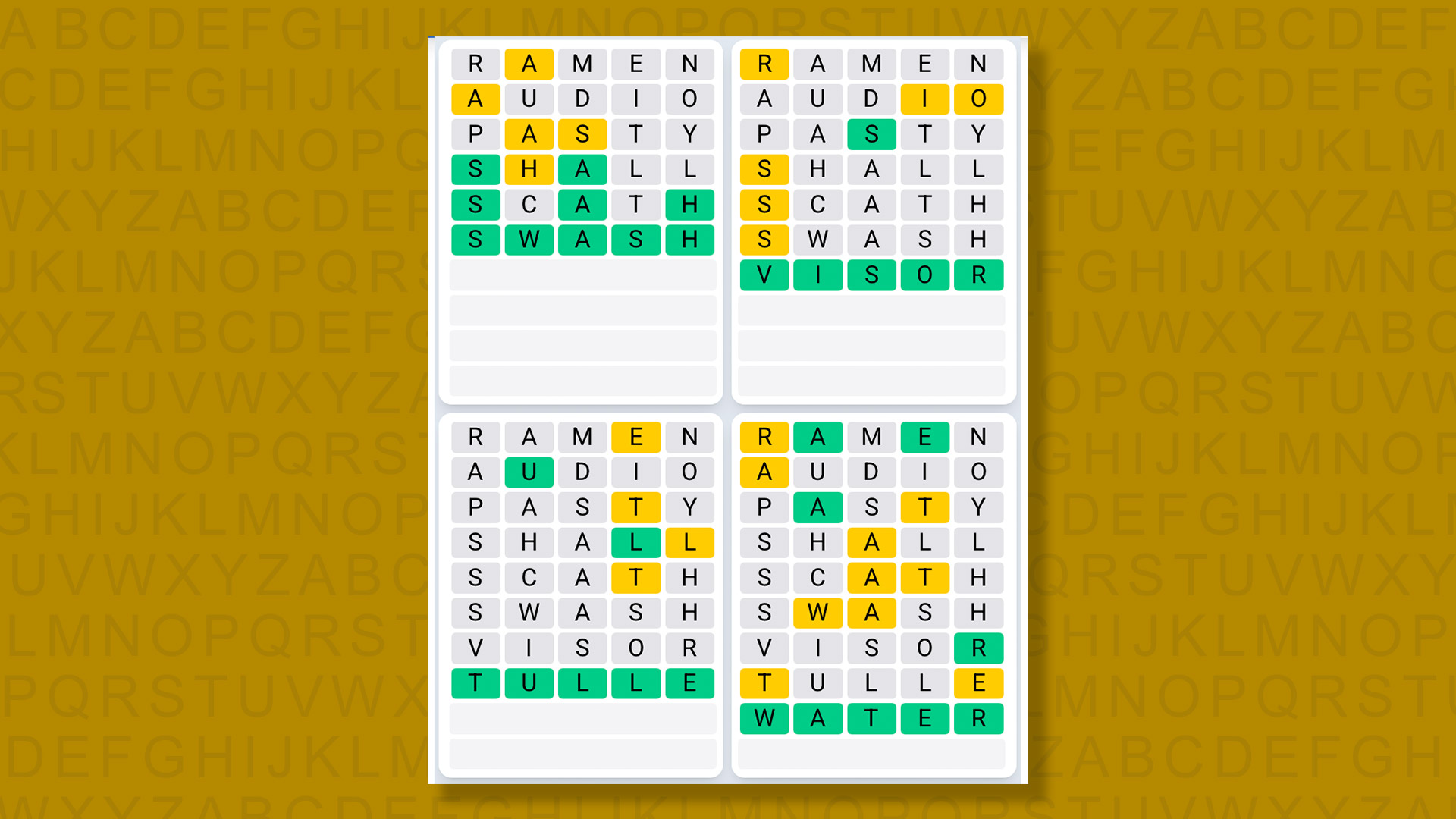 Quordle Daily Sequence answers for game 1599 on yellow background