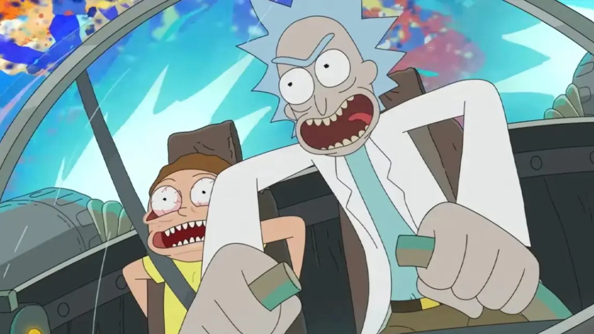 Rick drives the ship while Morty hangs on, scared.
