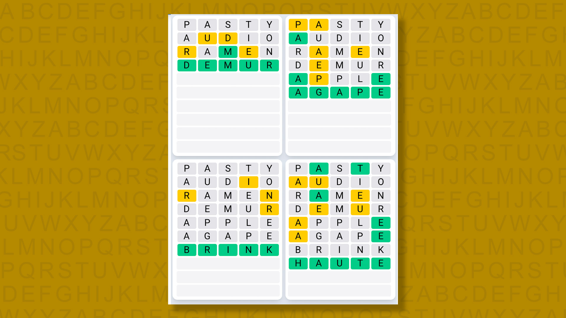 Quordle Daily Sequence answers for game 1600 on yellow background