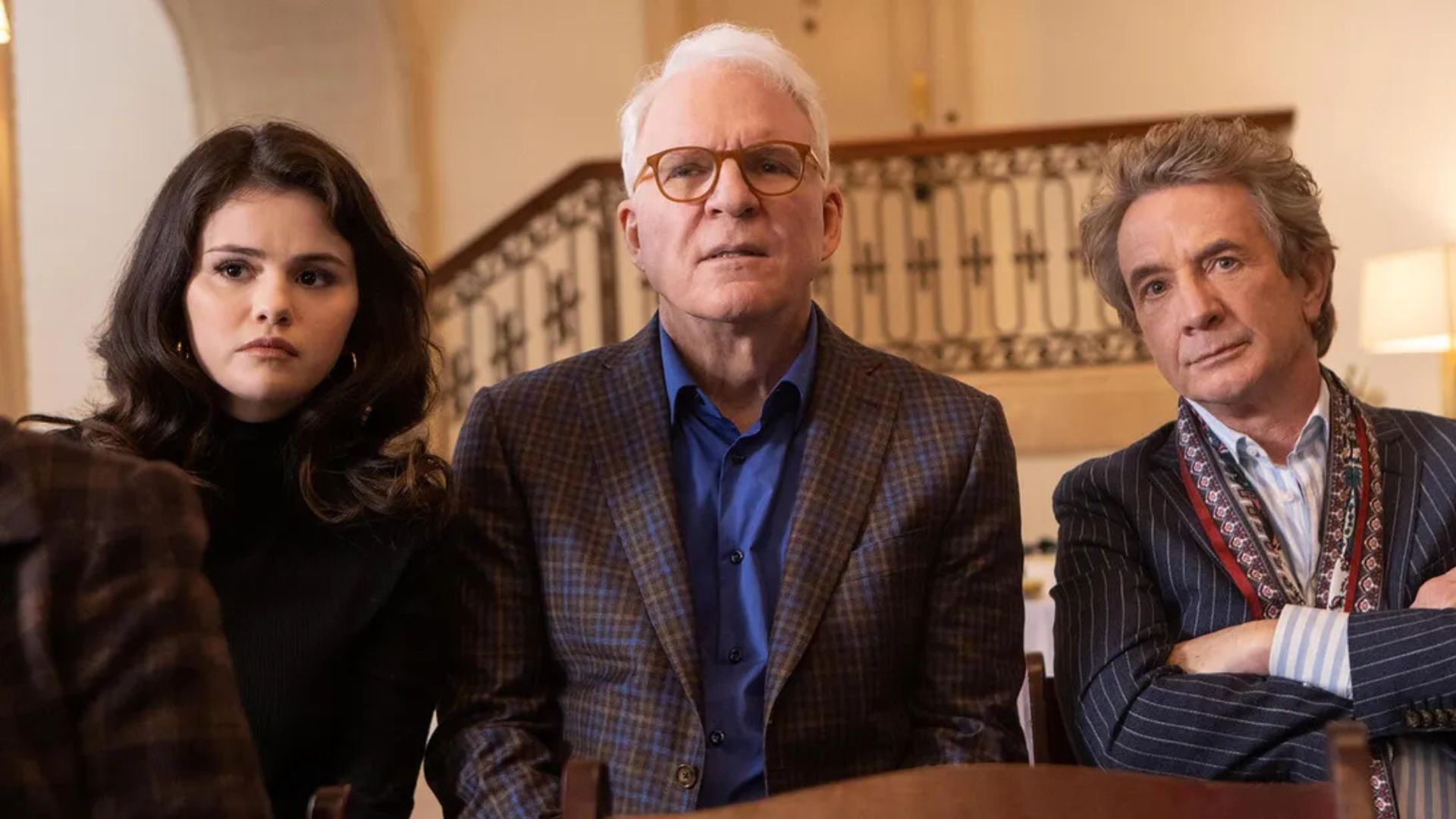 Selena Gomez, Steve Martin and Martin Short wait in line and look worried