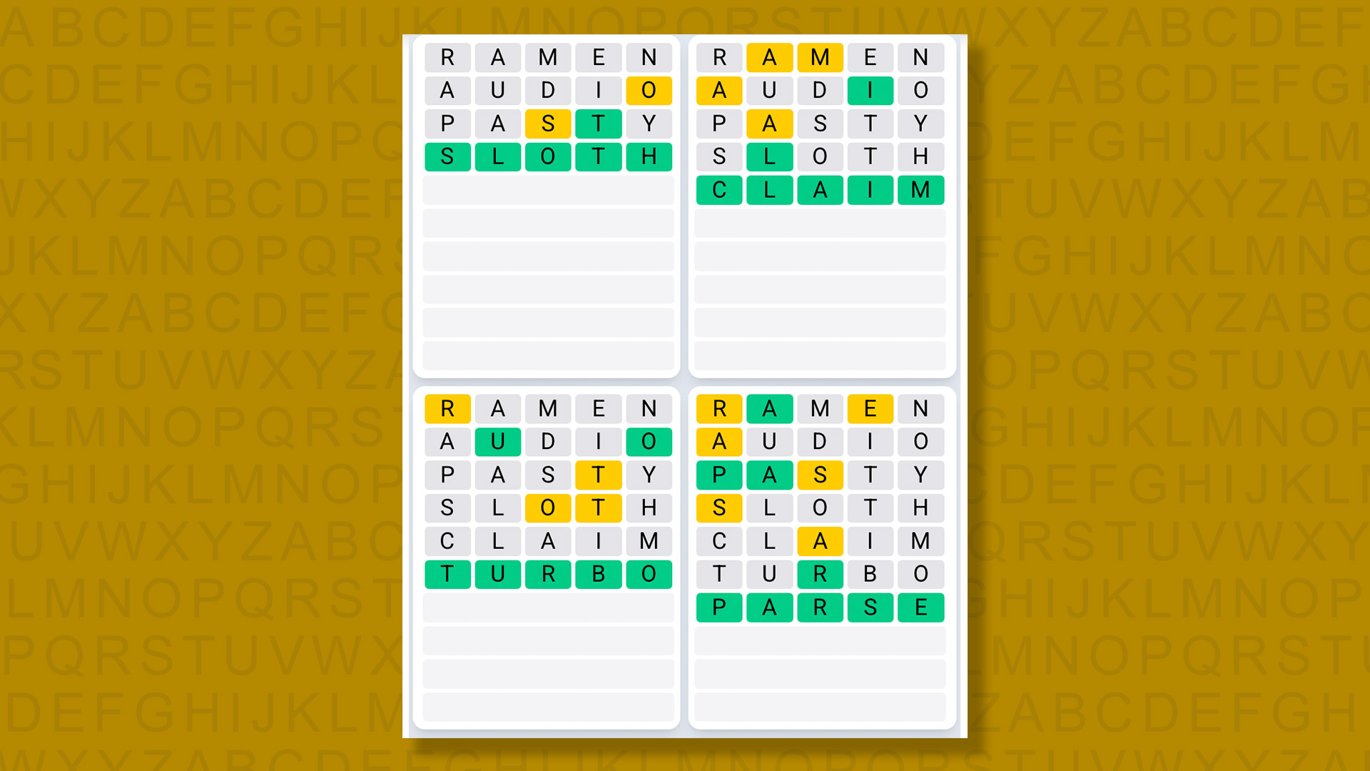 Quordle Daily Sequence answers for game 1601 on yellow background