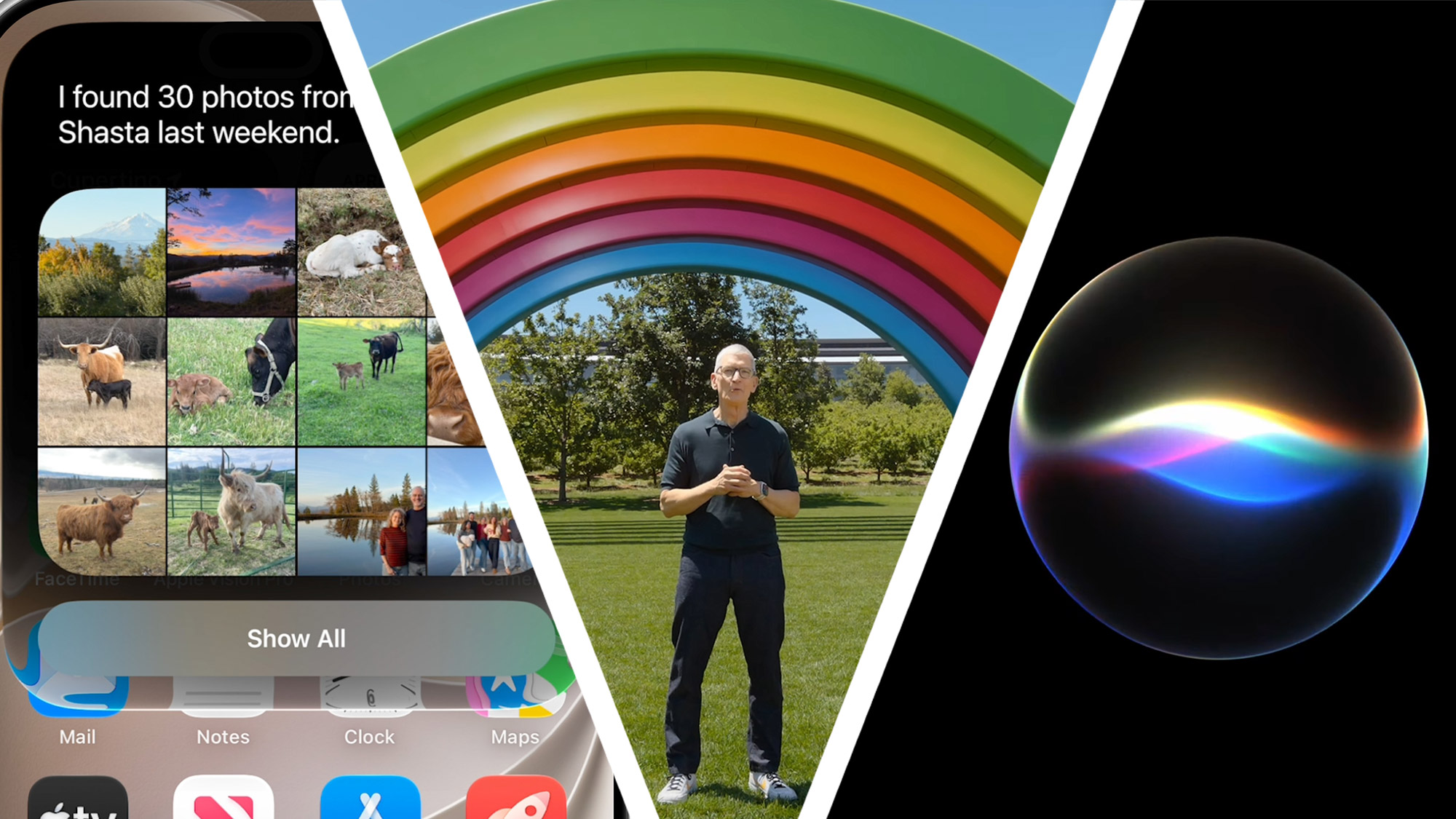 Screenshot of Apple Intelligence on an iPhone, Tim Cook standing in front of a rainbow and Siri AI