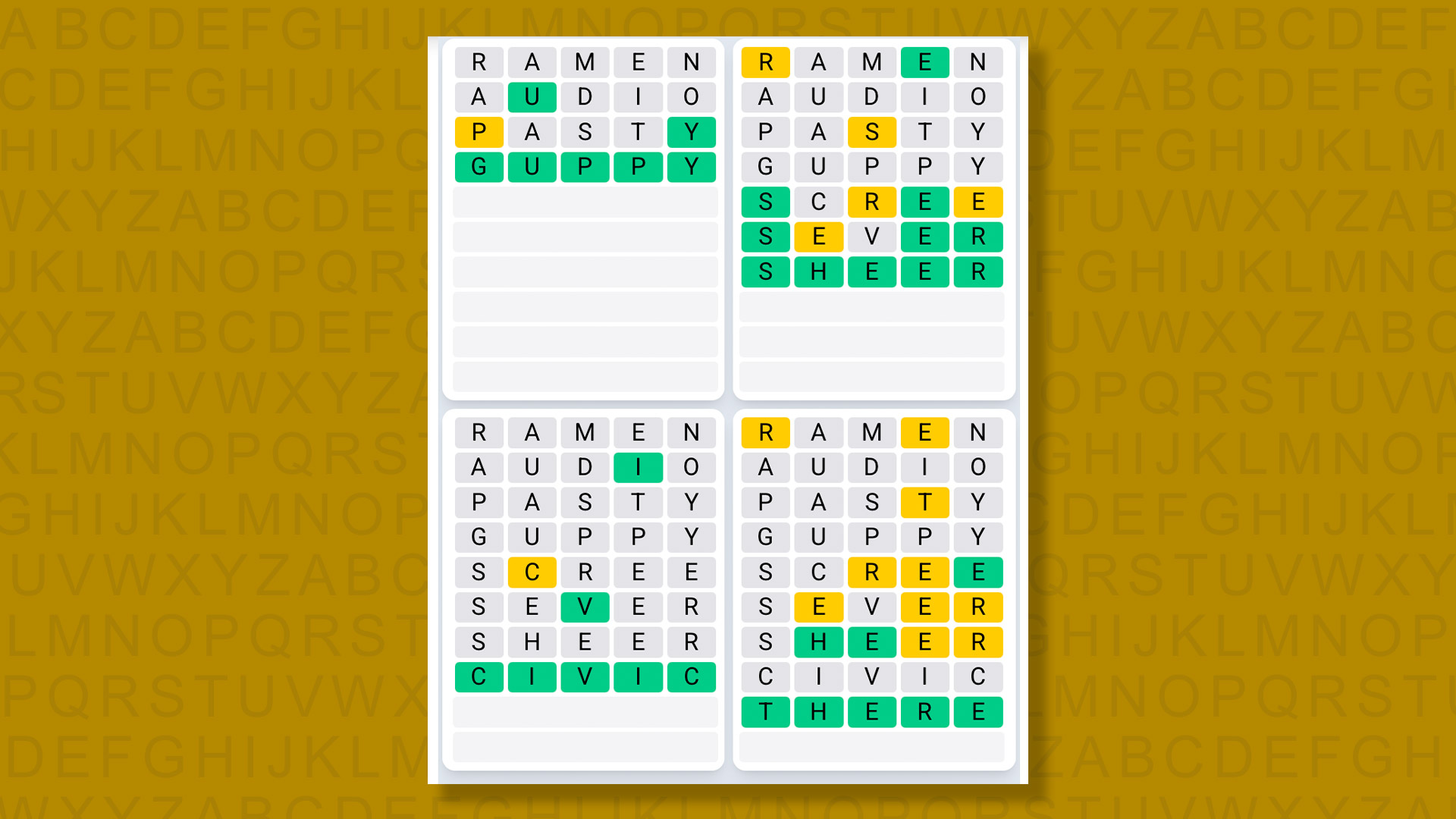 Quordle Daily Sequence answers for game #1602 on yellow background