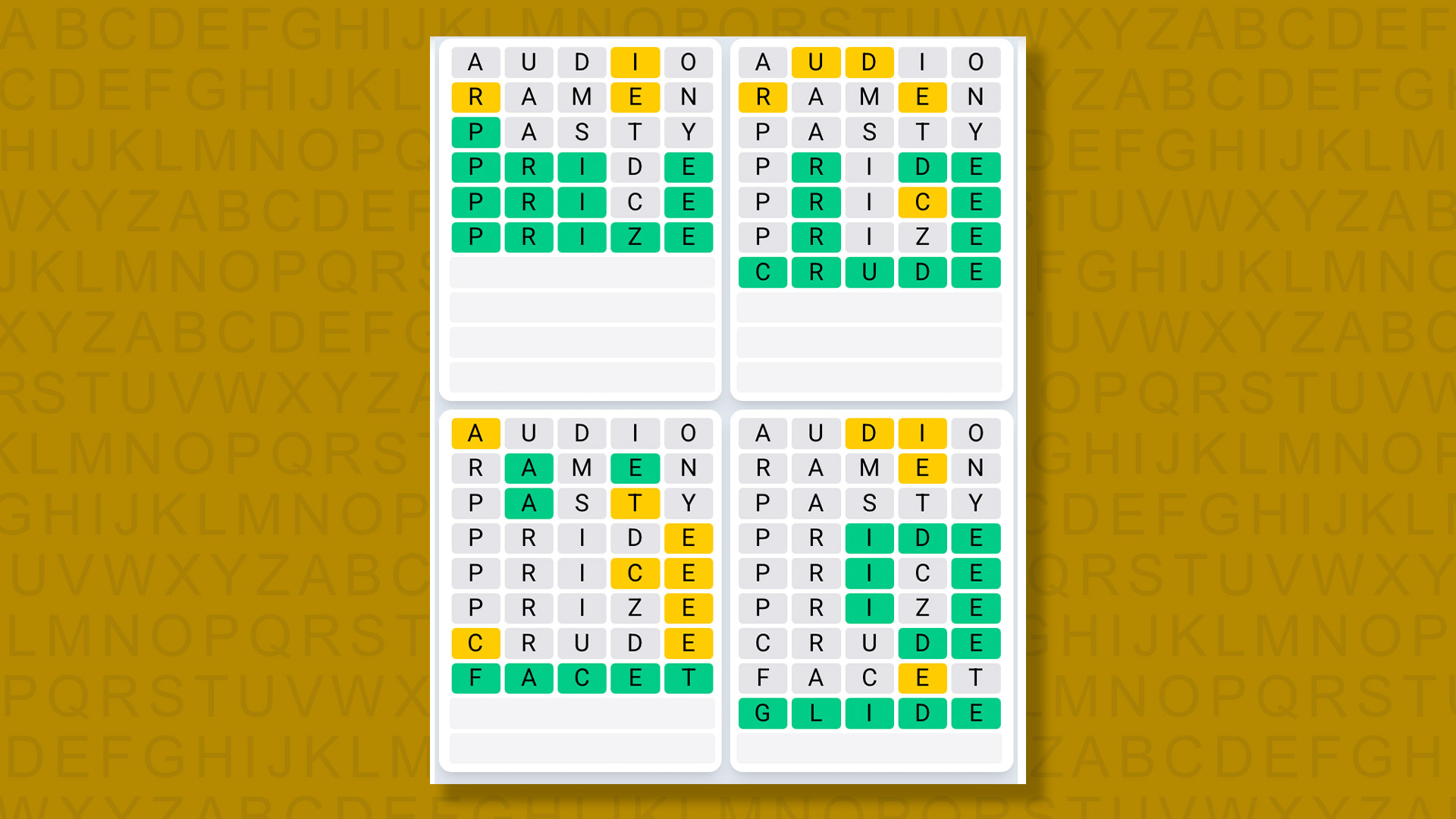 Quordle Daily Sequence answers for game 1603 on yellow background
