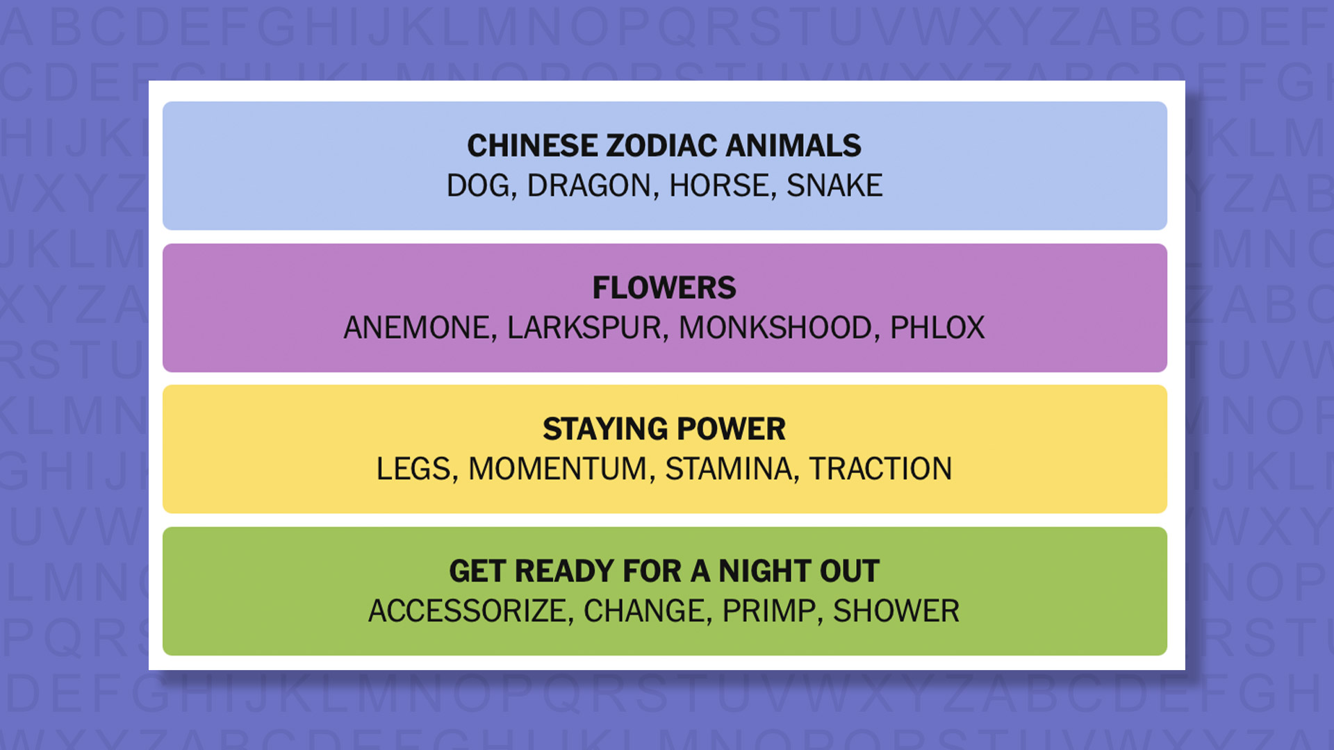 NYT Connections answers for game 1100 on purple background
