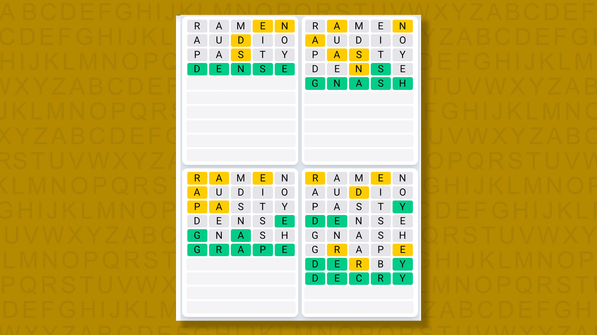 Quordle Daily Sequence answers for game 1604 on yellow background