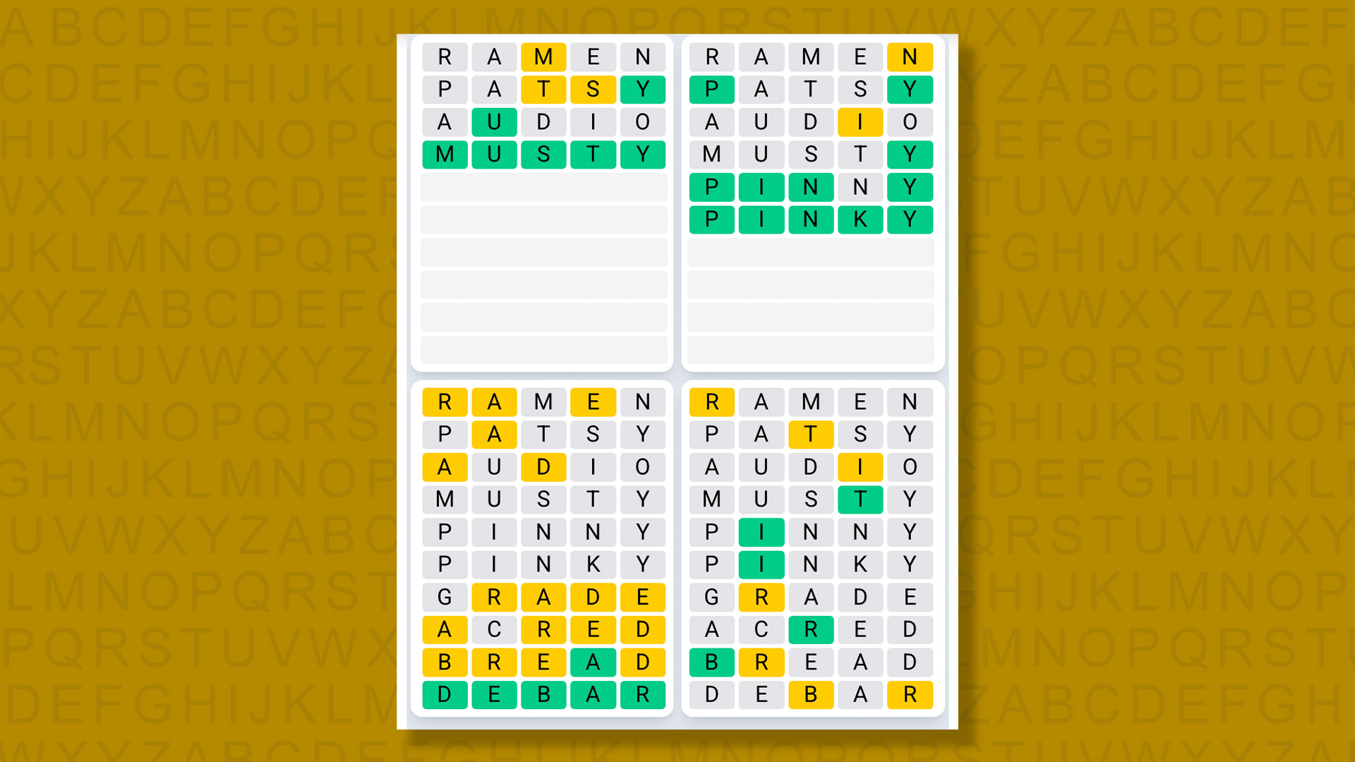 Quordle Daily Sequence answers for game 1605 on yellow background