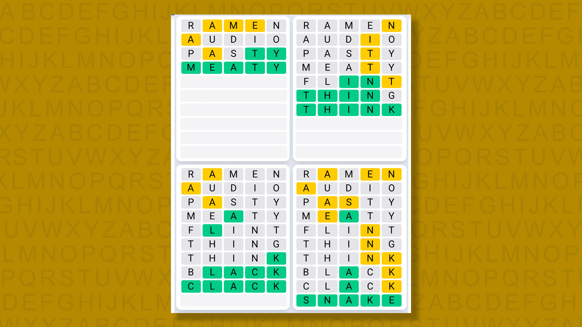 Quordle Daily Sequence answers for game 1606 on yellow background