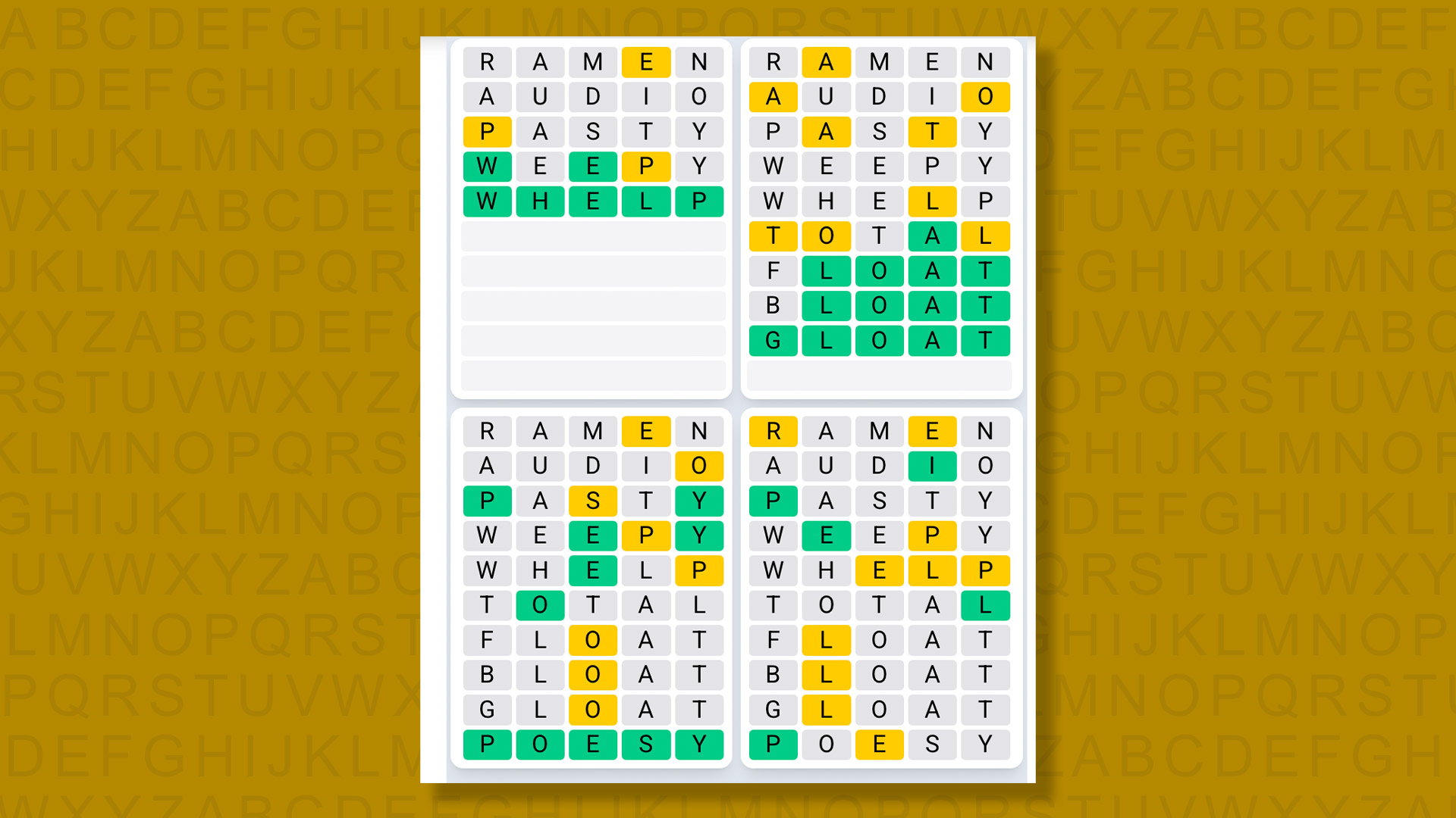 Quordle Daily Sequence answers for the game 1607 on yellow background