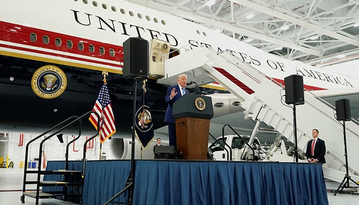 U.S. President Donald Trump delivers a speech in front of the VC-25B aircraft donated by Qatar to be used as Air Force One, at Joint Base Andrews, Maryland, the United States, June 19, 2026. — Reuters