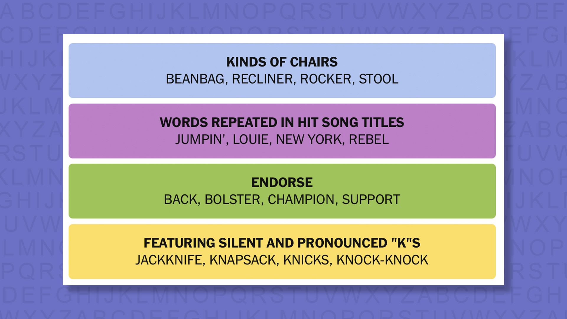NYT Connections answers for game 1105 on purple background