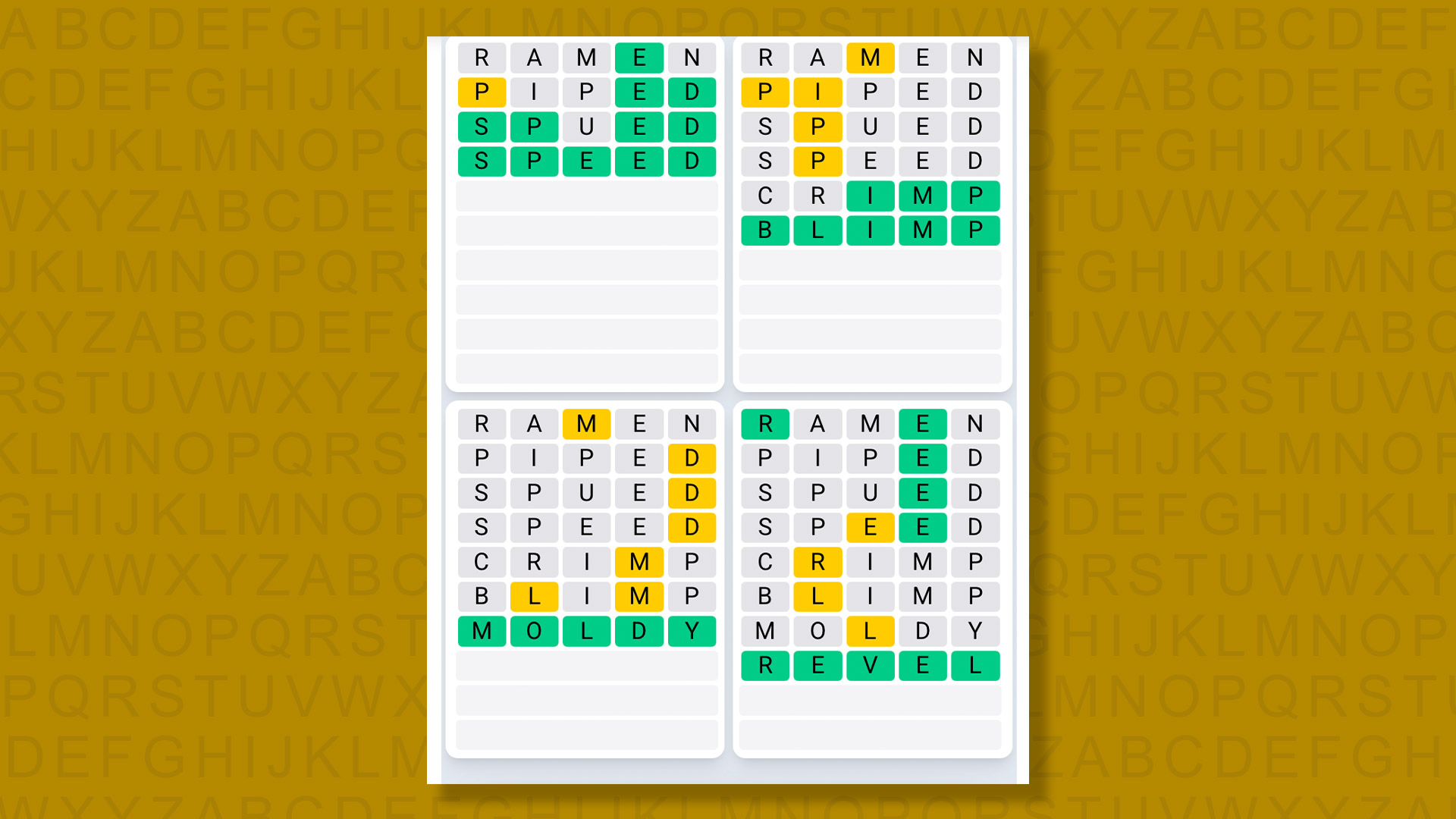 Quordle Daily Sequence answers for game 1608 on yellow background