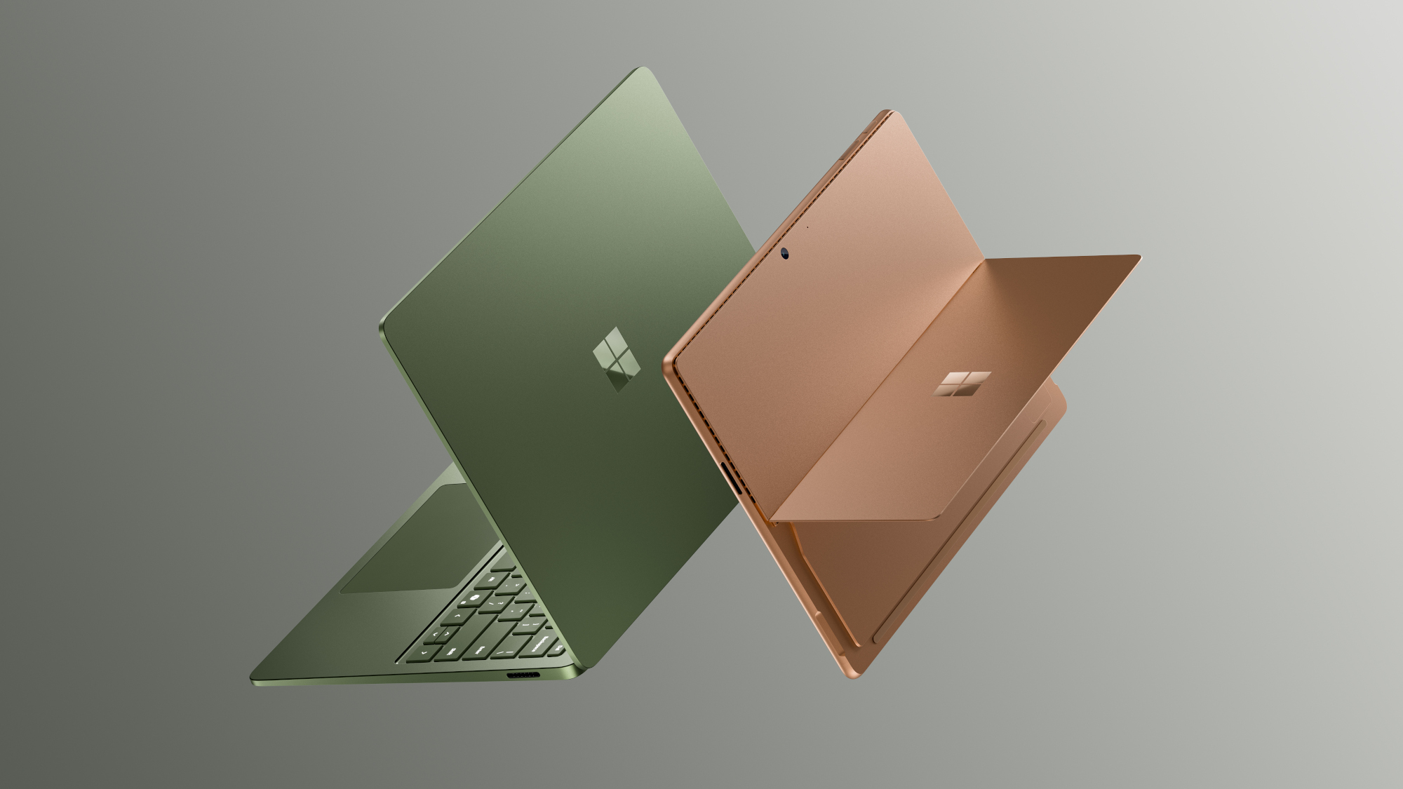Surface Pro and Surface Laptop shown back to back, you can see the lids and Windows logos