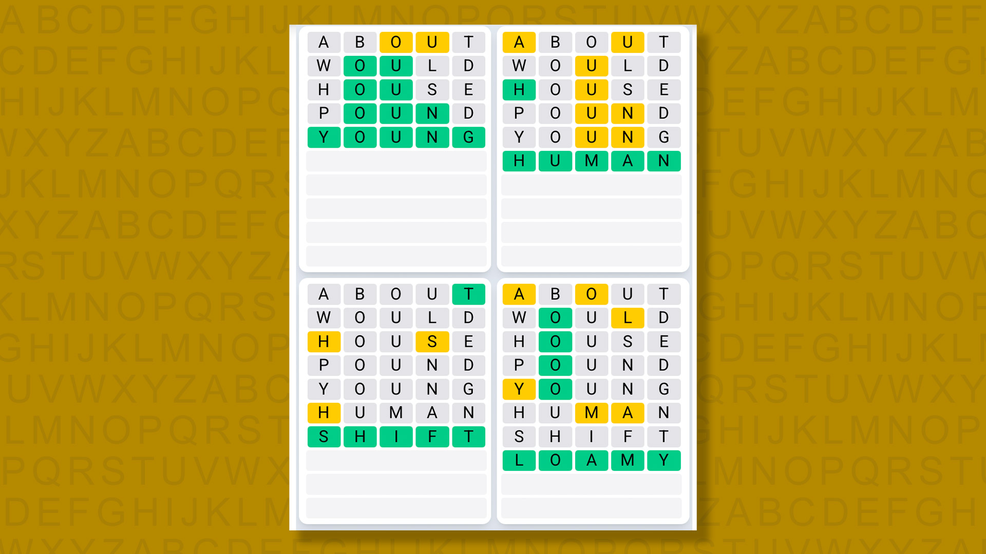 Quordle Daily Sequence answers for the game 1609 on yellow background
