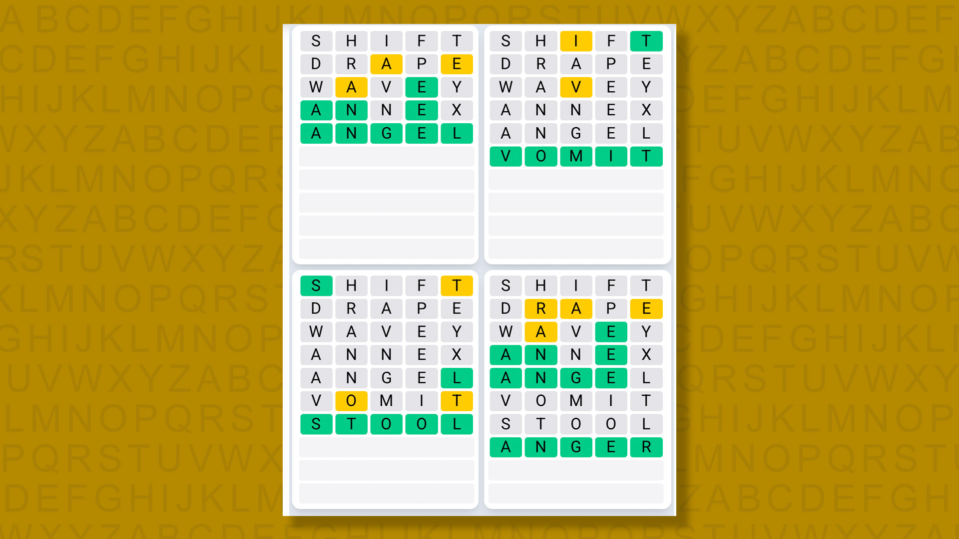 Quordle Daily Sequence answers for the game 1610 on yellow background