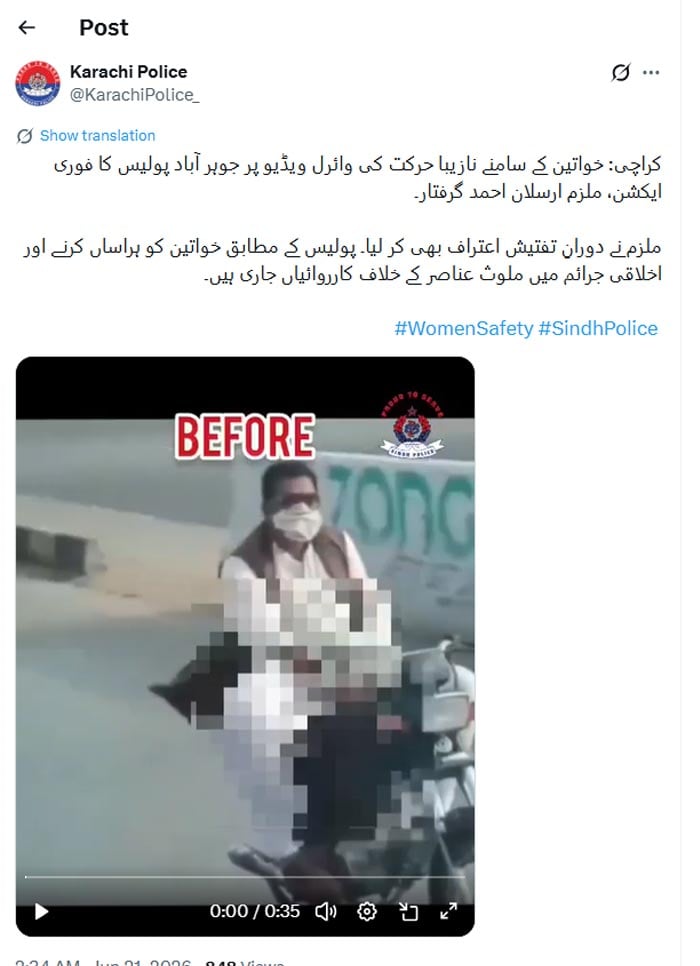 Motorcyclist arrested after lewd act targeting women on Karachi road