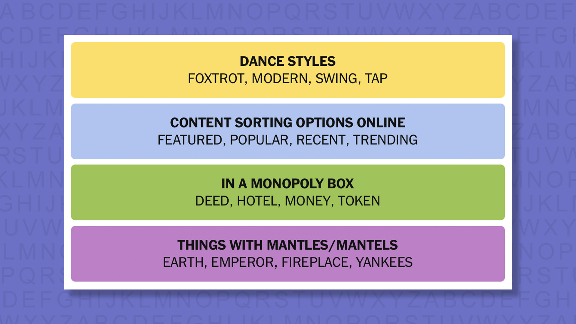 NYT Connections answers for game 1108 on purple background