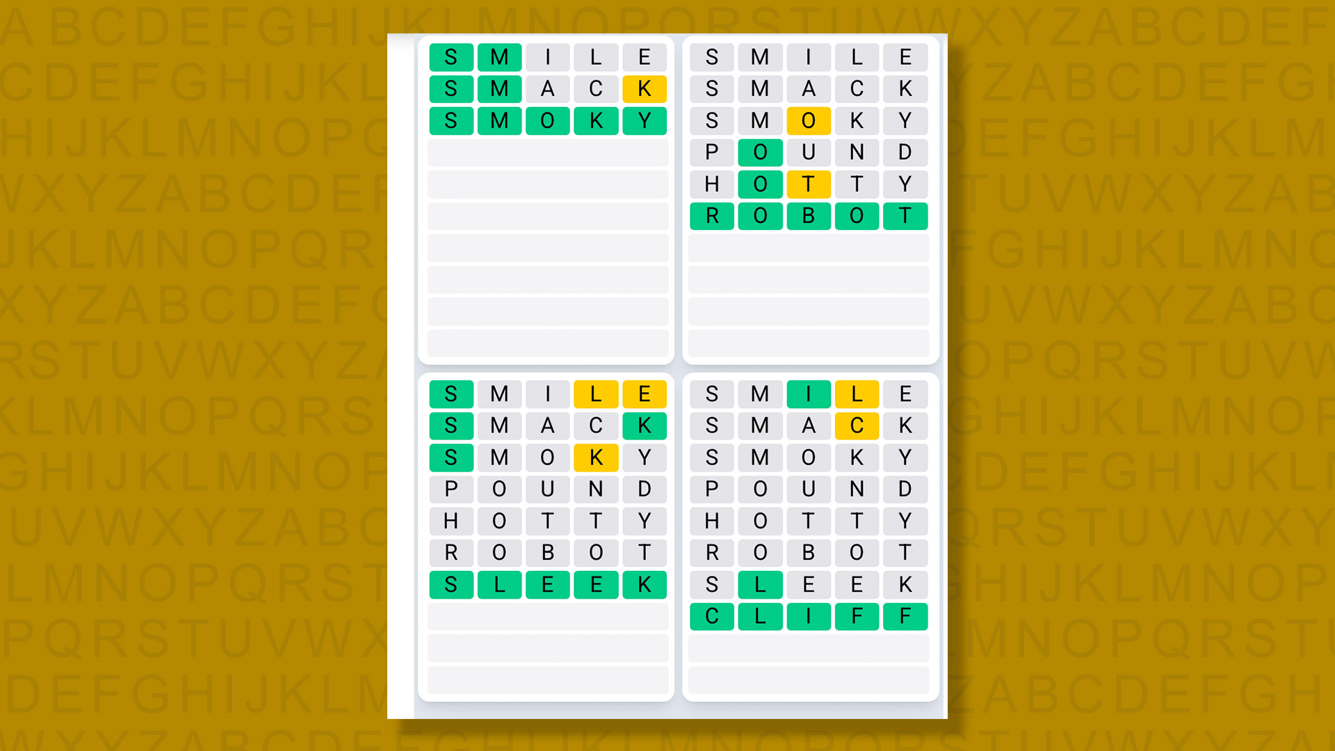 Quordle Daily Sequence answers for the game 1611 on yellow background