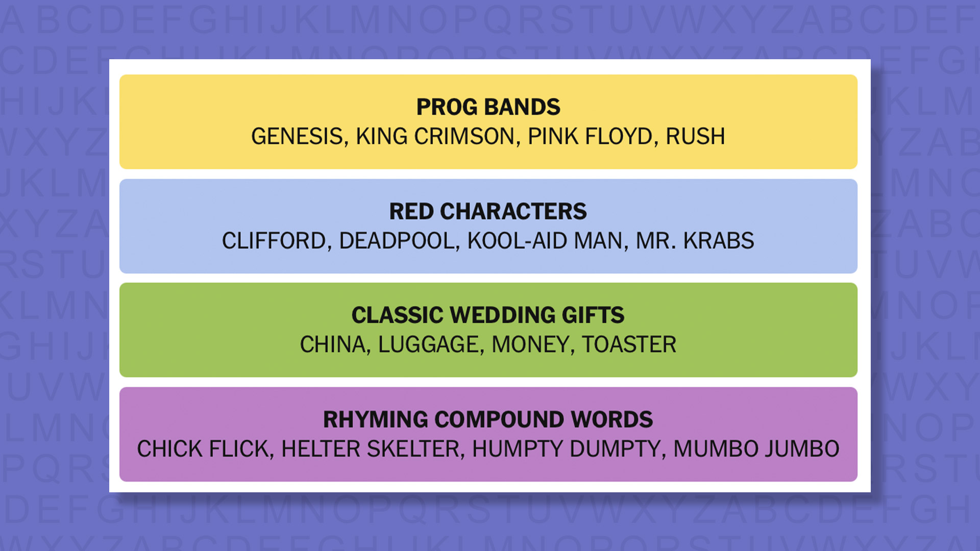 NYT Connections answers for game 1109 on purple background