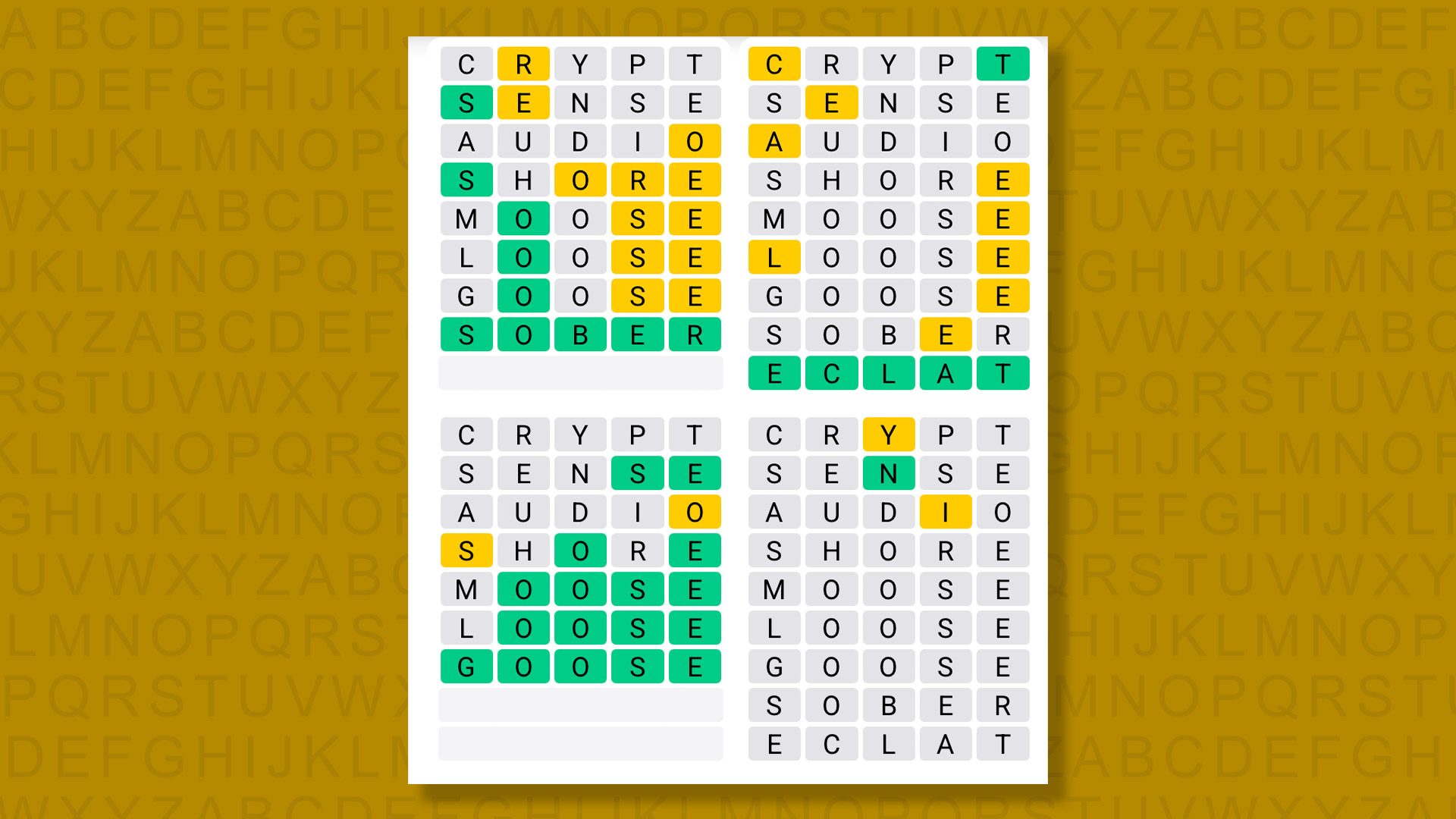 Quordle Daily Sequence answers for the game 1612 on yellow background