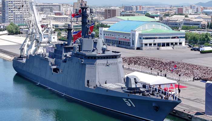 The new multi-purpose destroyer Choe Hyon during its commissioning ceremony at the port of Nampho, North Korea, June 23, 2026, in this photo released by the North Korean official news agency.