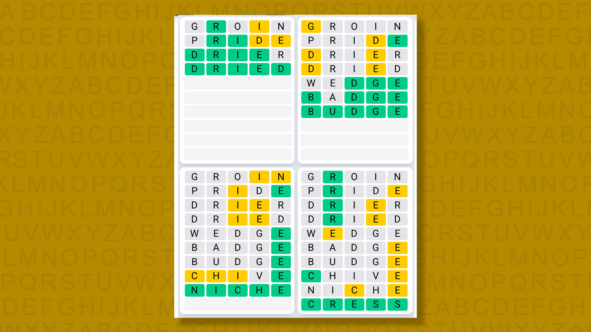 Quordle Daily Sequence answers for the game 1613 on yellow background