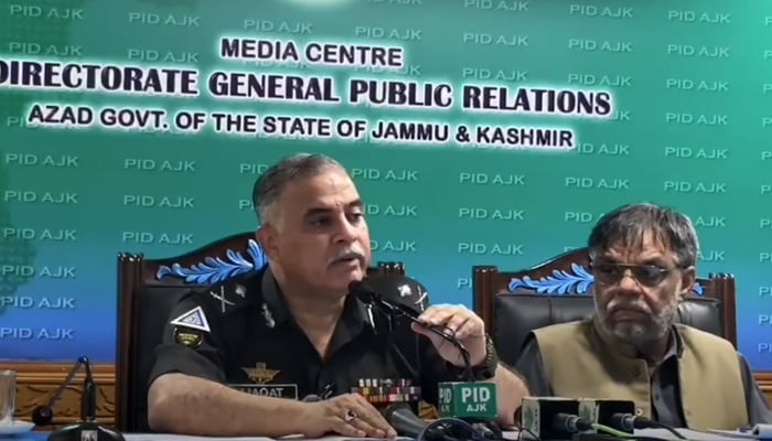 Azad Jammu and Kashmir Inspector General of Police Captain (Retd) Liaqat Ali Malik addresses the press conference on June 25, 2026. — Screenshot via Facebook/@ajkpolice