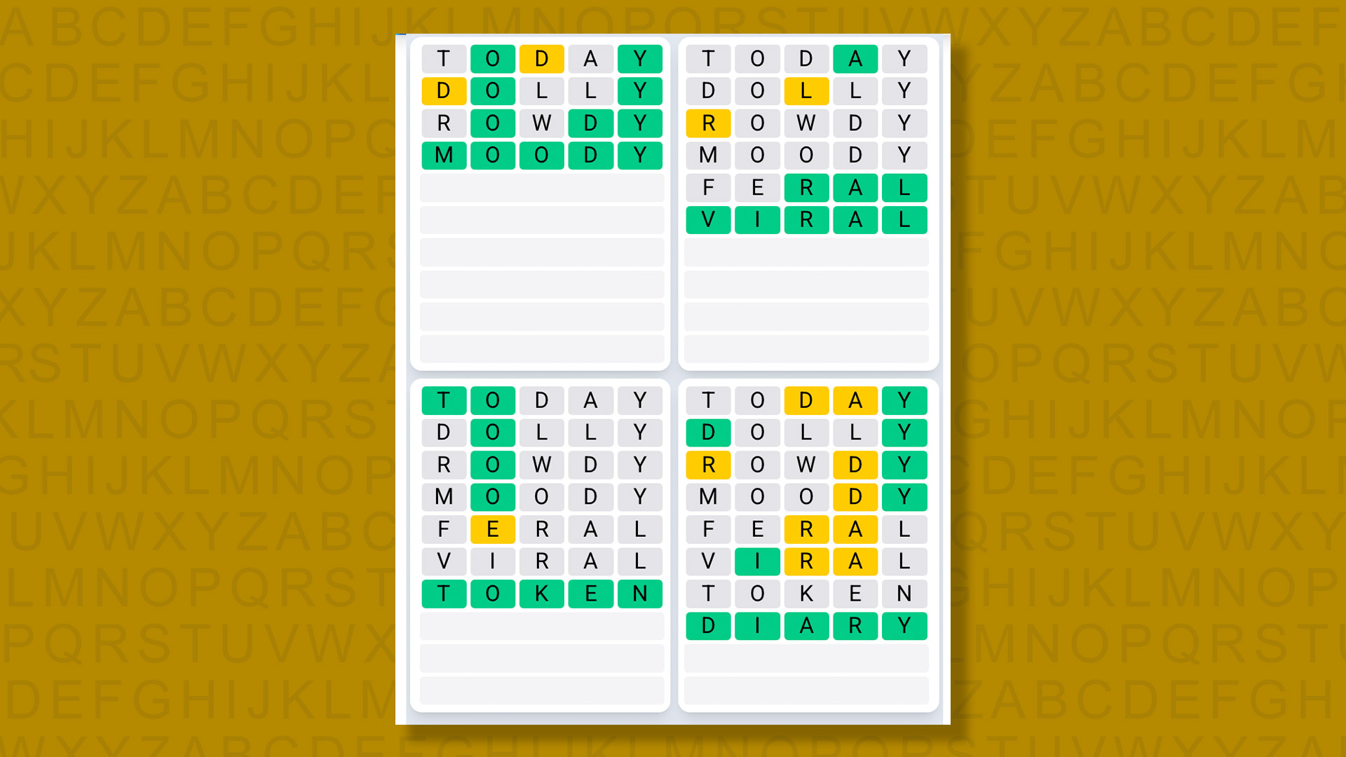 Quordle Daily Sequence answers for the game 1614 on yellow background