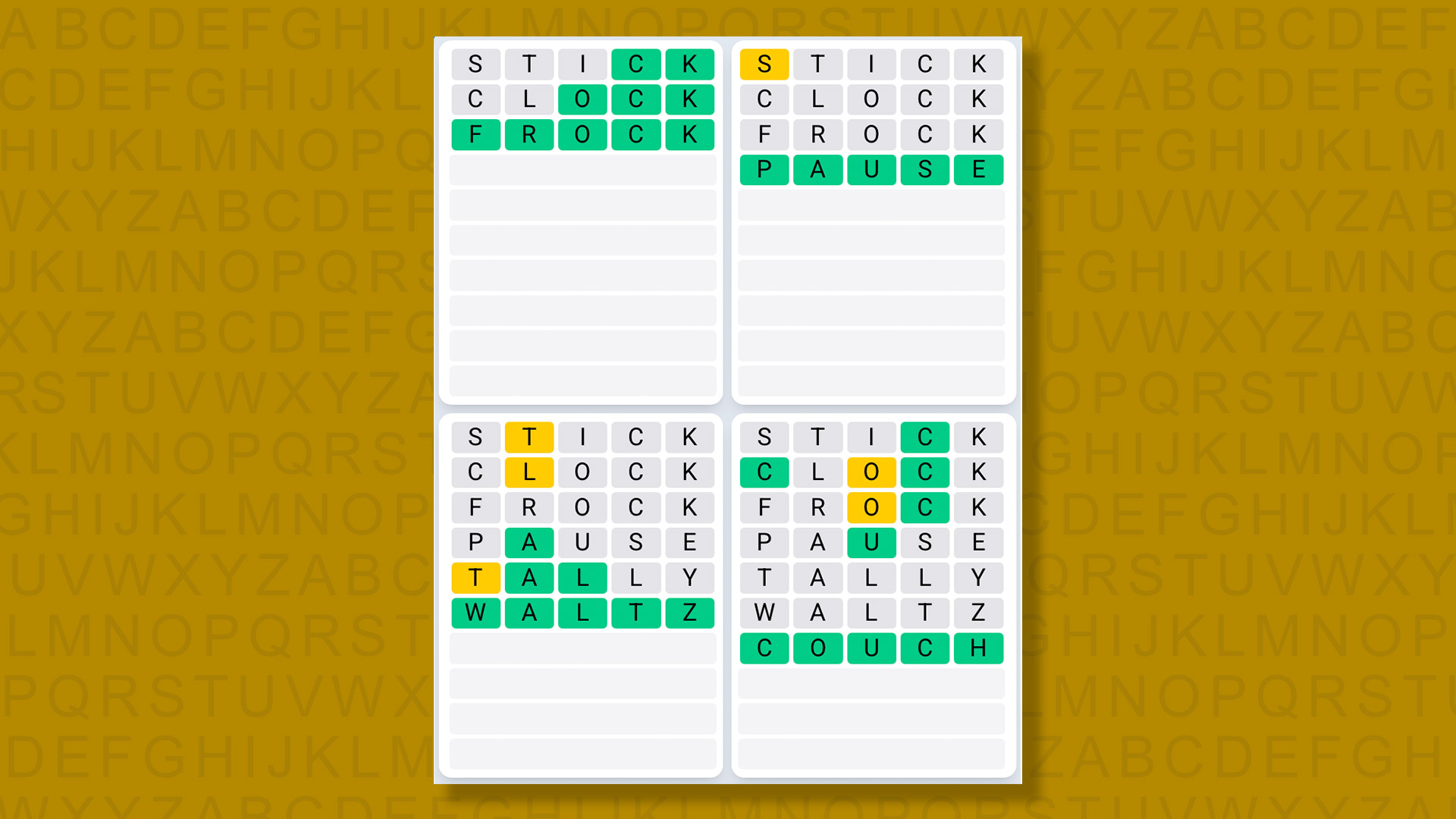 Quordle Daily Sequence answers for the game 1615 on yellow background
