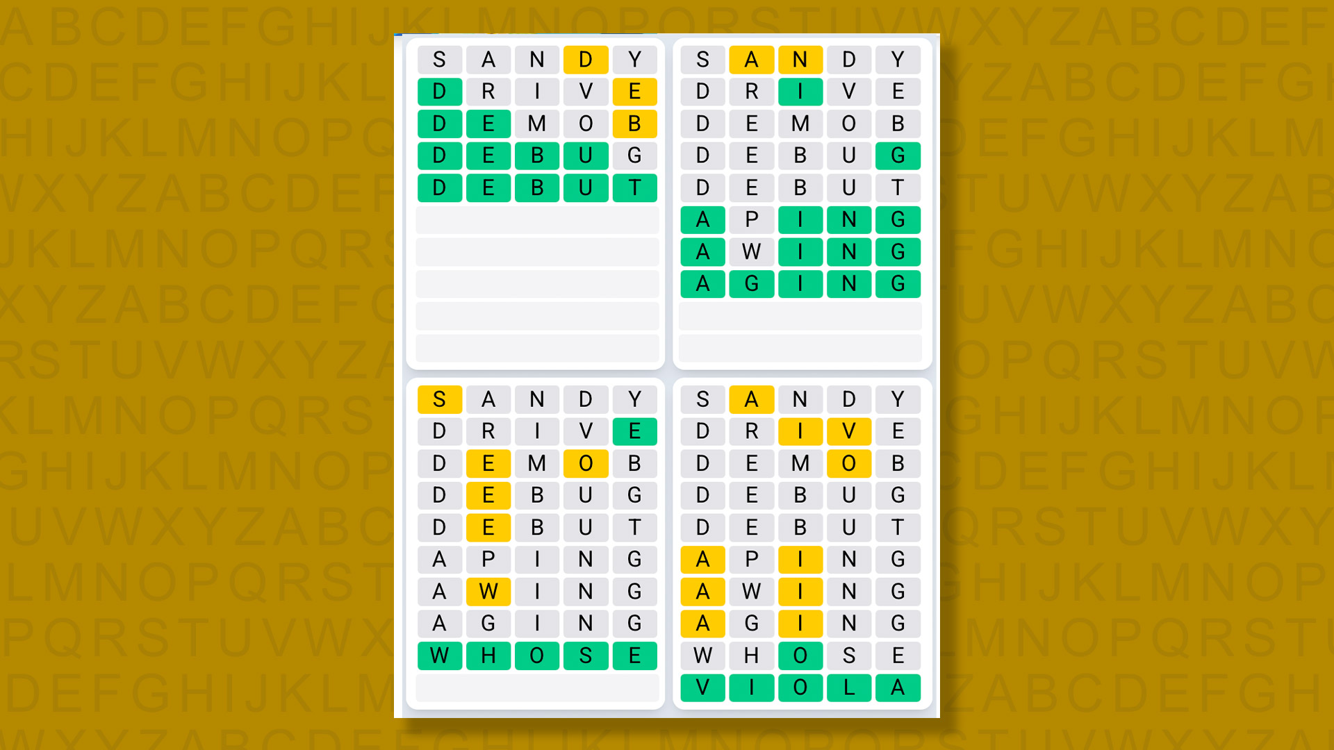 Quordle Daily Sequence answers for the game 1616 on yellow background