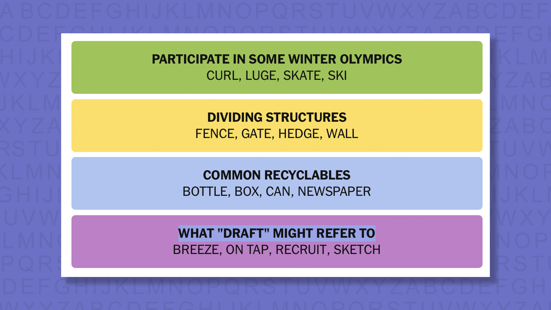 NYT Connections answers for game #1115 on purple background