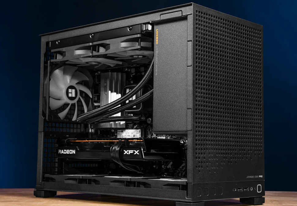 Steamroller gaming PC case opened, showing the GPU and components inside