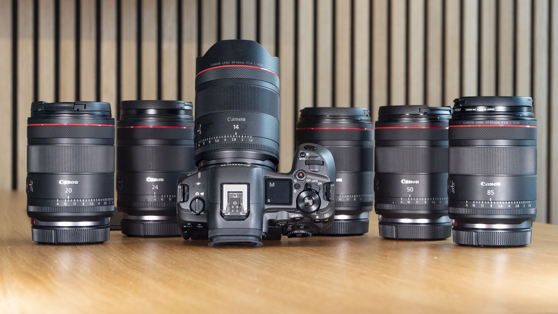 Canon RF 14mm F1.4L VCM lens attached to the Canon EOS R5 Mark II, in addition to the five other prime VCM lenses in the range