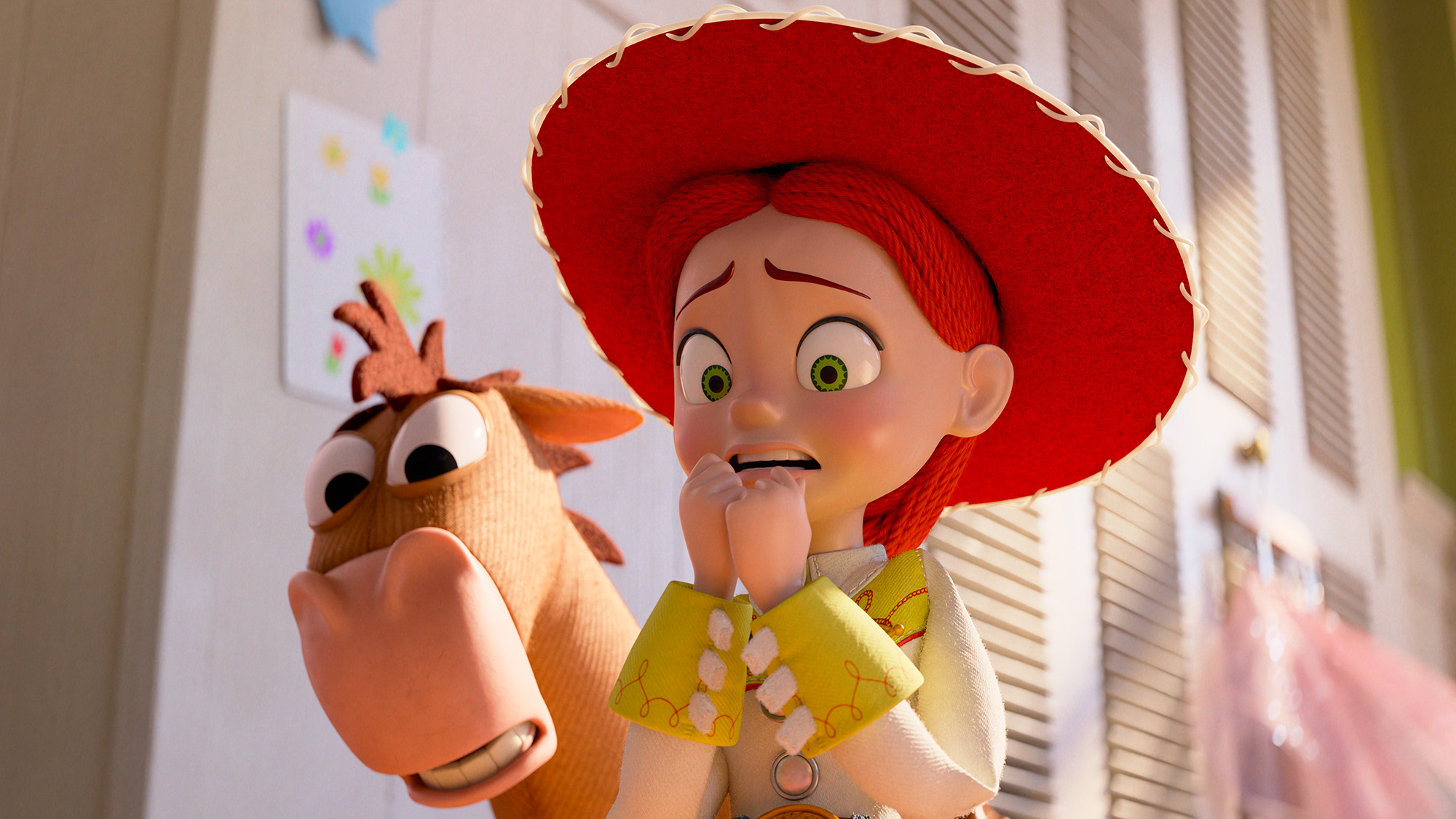 Bullseye and Jessie look worried while watching something off-camera in Toy Story 5
