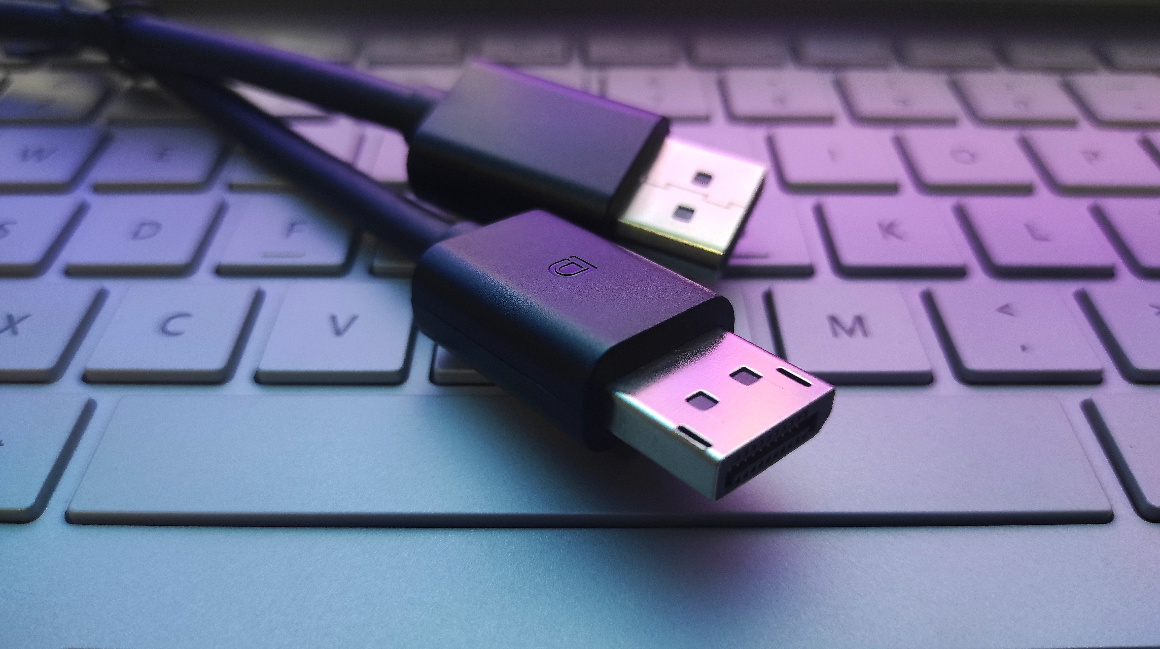 A pair of DisplayPort cable connectors laying on a laptop keyboard.