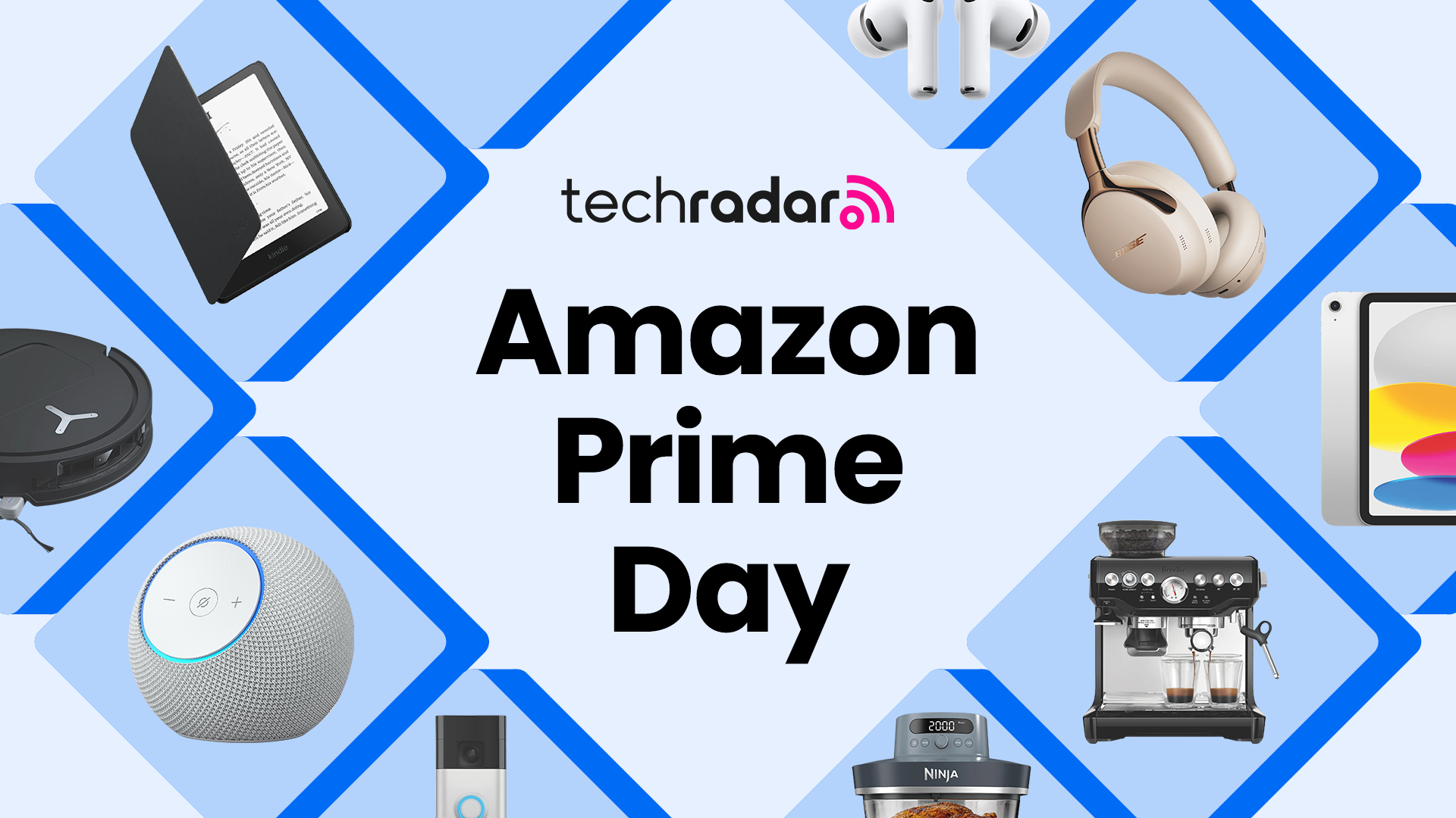 A collection of tech items on Amazon arranged around a TechRadar Prime Day deals badge on a blue background