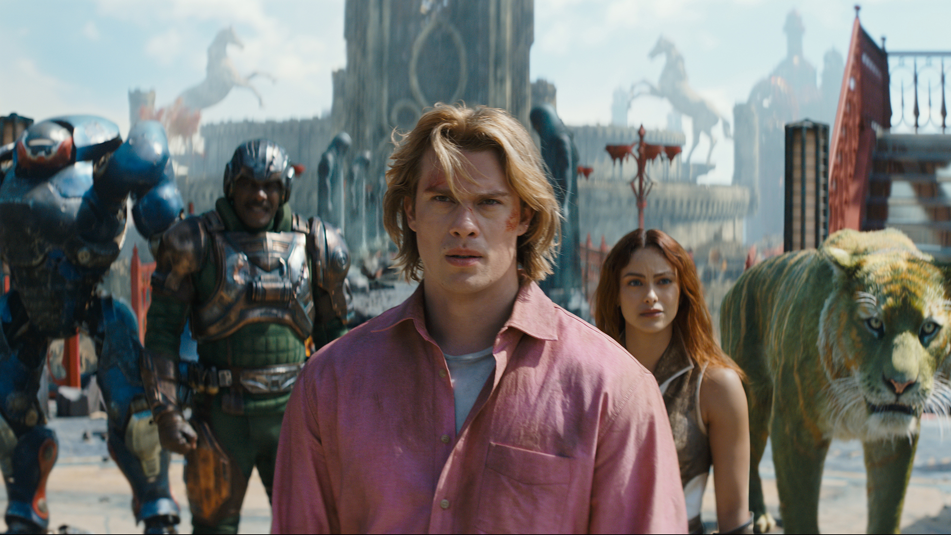 A close-up of Adam/He-Man flanked by Roboto, Man at Arms, Teela and Cringer in Amazon's 2026 film adaptation of Masters of the Universe