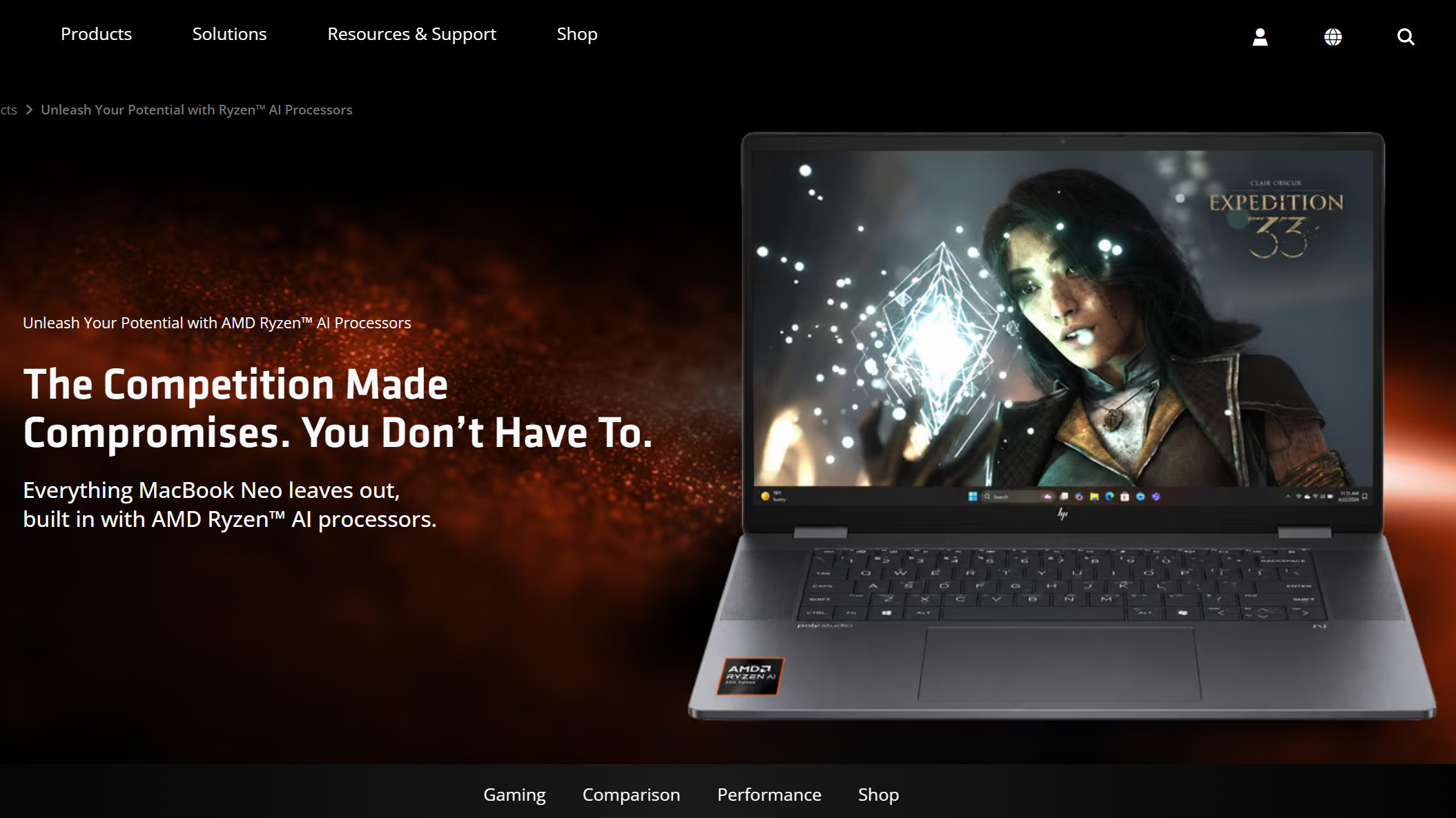 AMD Ryzen vs MacBook Neo website, highlighting gaming comparisons