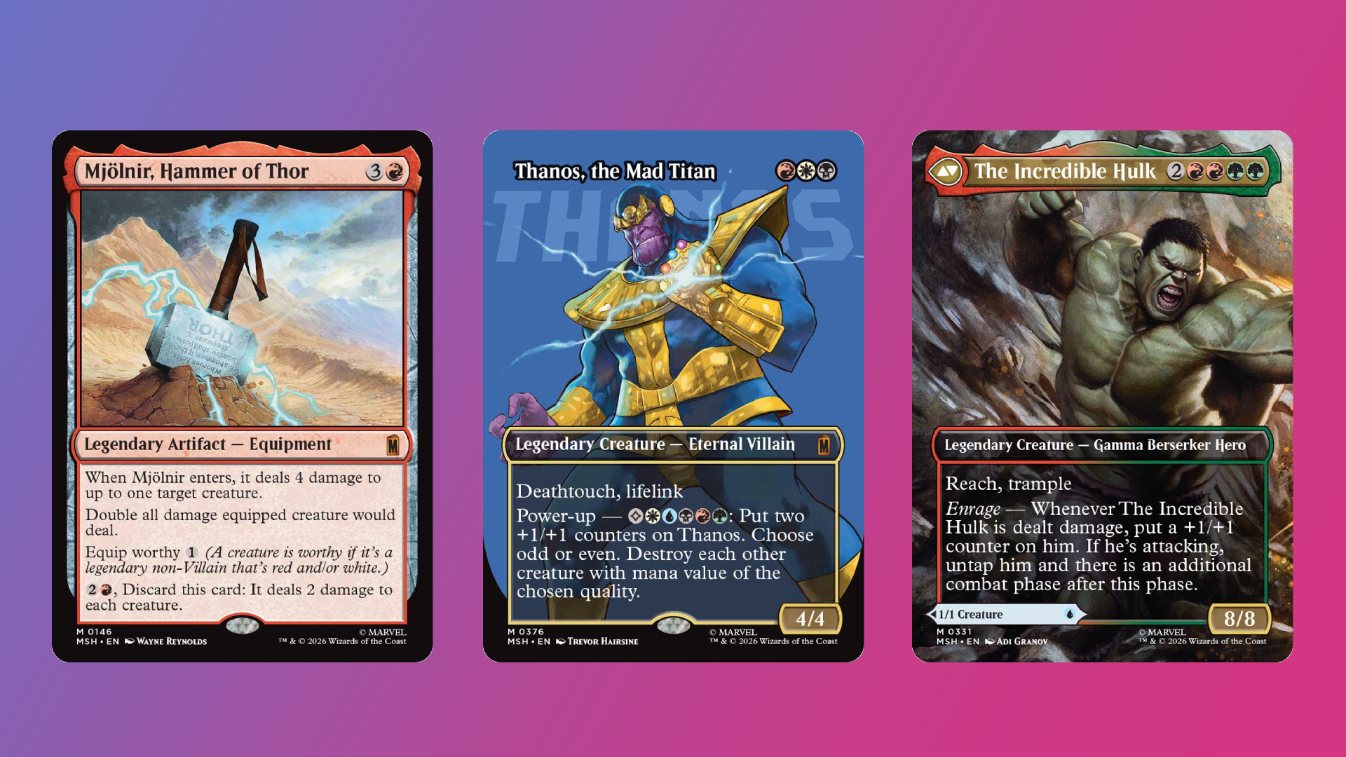 Thanos, Hulk, and Mjolnir cards from Magic The Gathering featuring their effects like Worthy and Enrage.