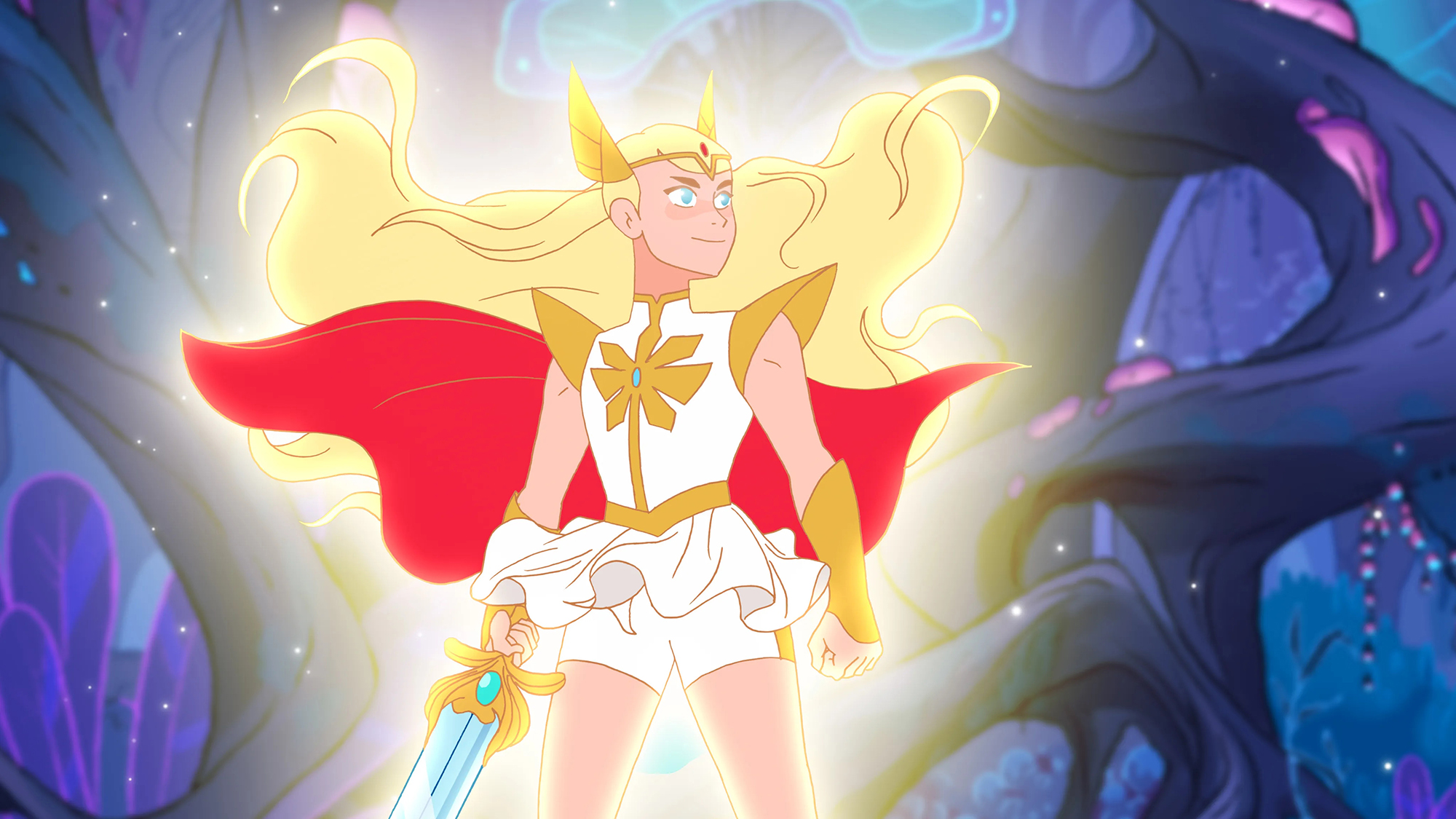 Adora holding the Sword of Protection and beaming in Netflix's She-Ra and the Princesses of Power TV show